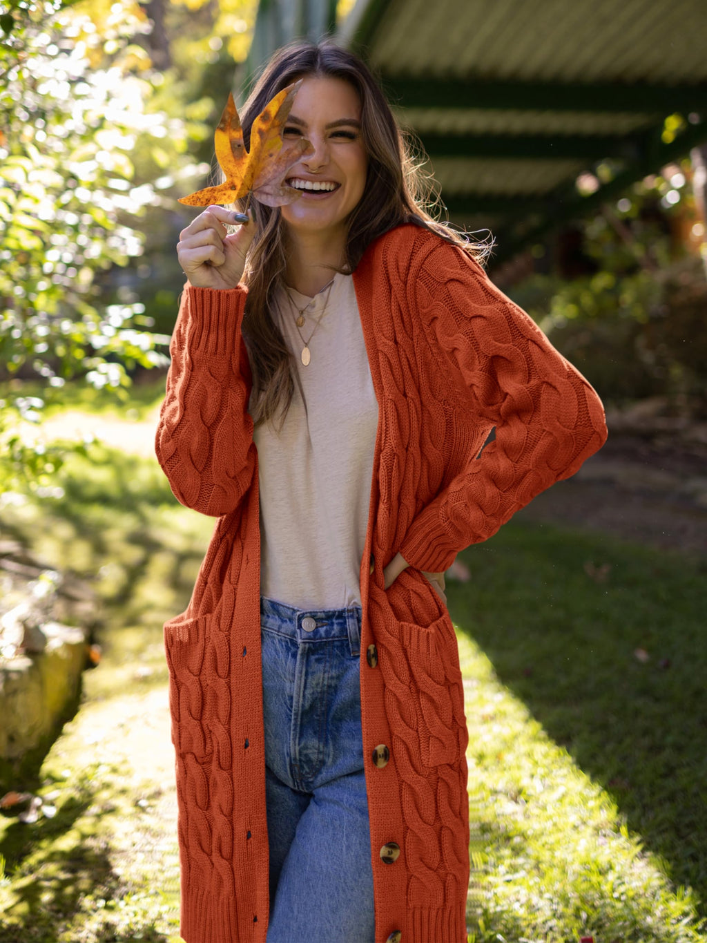 PRETTYGARDEN Long Sleeve Cable Knit Long Cardigan for Women 2026 Spring Winter Chunky Open Front Button Sweaters with Pockets(Caramel,Small)