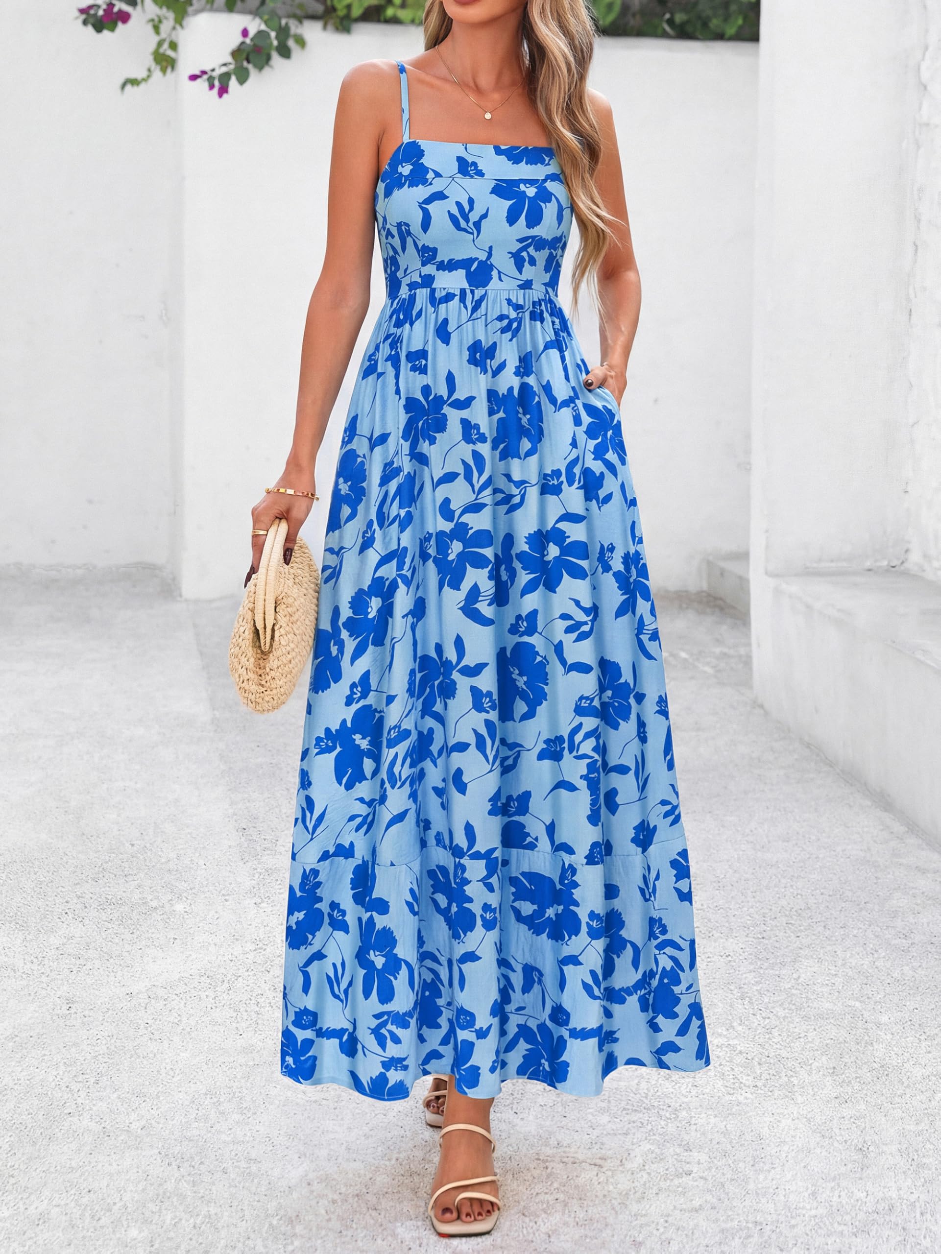 PRETTYGARDEN Women Summer Maxi Dresses 2026 Spaghetti Strap Boho Floral Striped Wedding Guest Beach Vacation Flowy Long Dress(Light Blue Blue Flower,Small)
