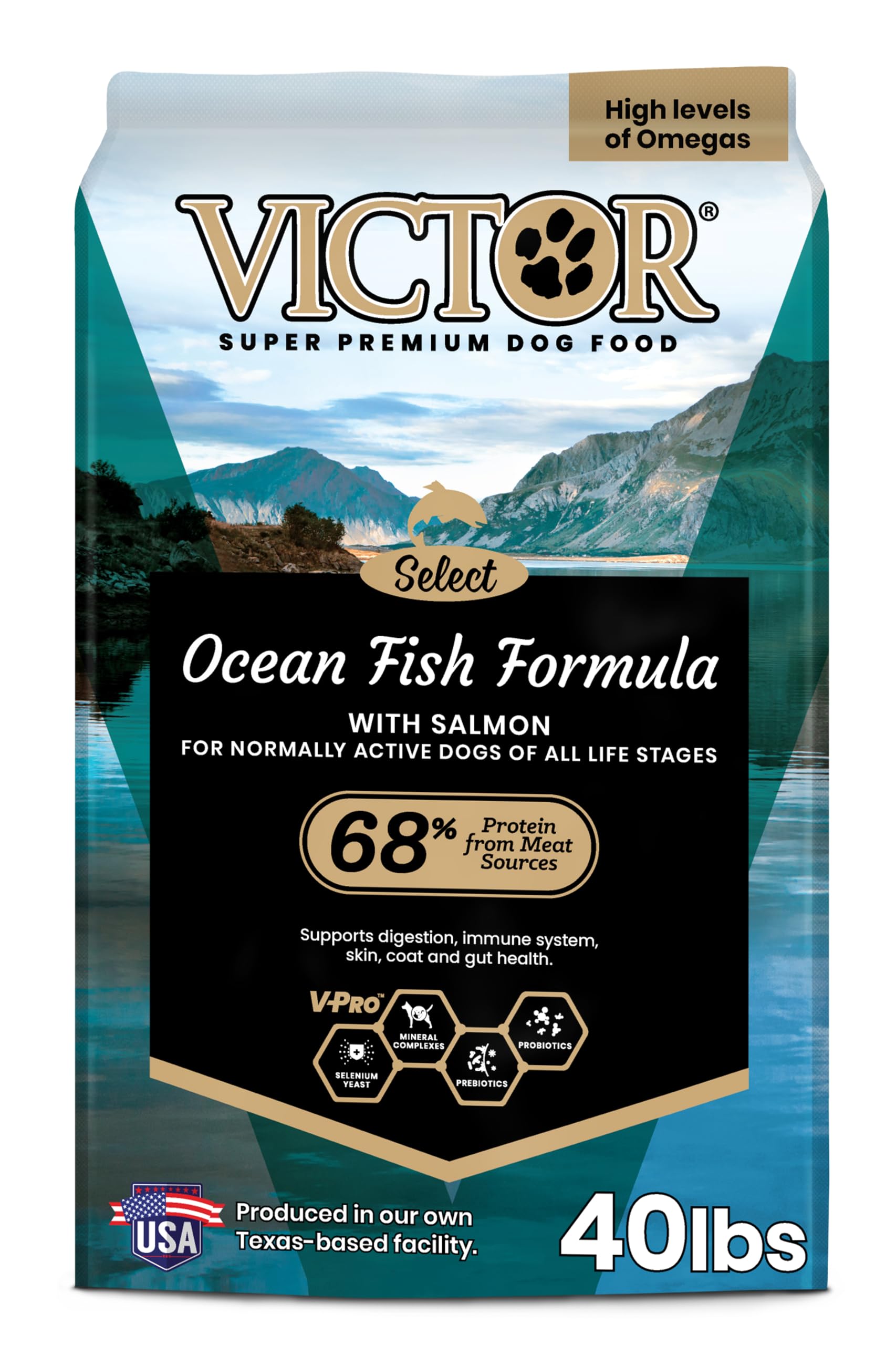 VICTOR Super Premium Dog Food – Select Ocean Fish Formula with Salmon – Omega-3 and Omega-6 Enriched Gluten-Free Dry Kibble for All Normally Active Dogs of All Life Stages, 40lbs