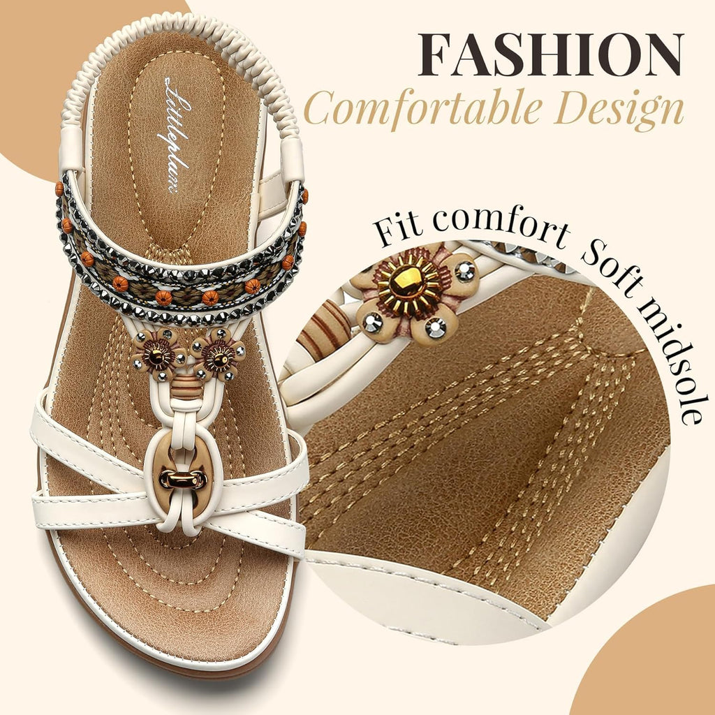 Littleplum Womens Sandals Arch Support Bohemian T-Strap Flower Rhinestone Sandals Women's Non Slip Summer Beach Flat Sandals Cream White Size 8