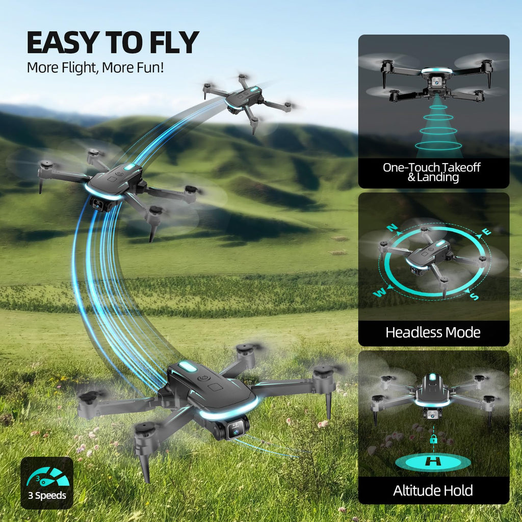 Drone with Camera 1080P HD, FPV Foldable Mini Drone for Beginners Kids Boys Girls, with 2 recharging Batteries, Carrying Case, One Key Start, Stable Hover, Trajectory Flight, Toys Gifts (Black)