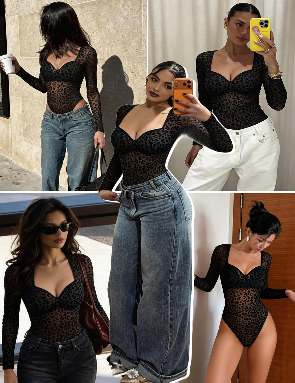 Avidlove Long Sleeve Bodysuit for Women V Neck Sheer Mesh Body Suits Leotards Going Out Tops (Black Leopard, Large)