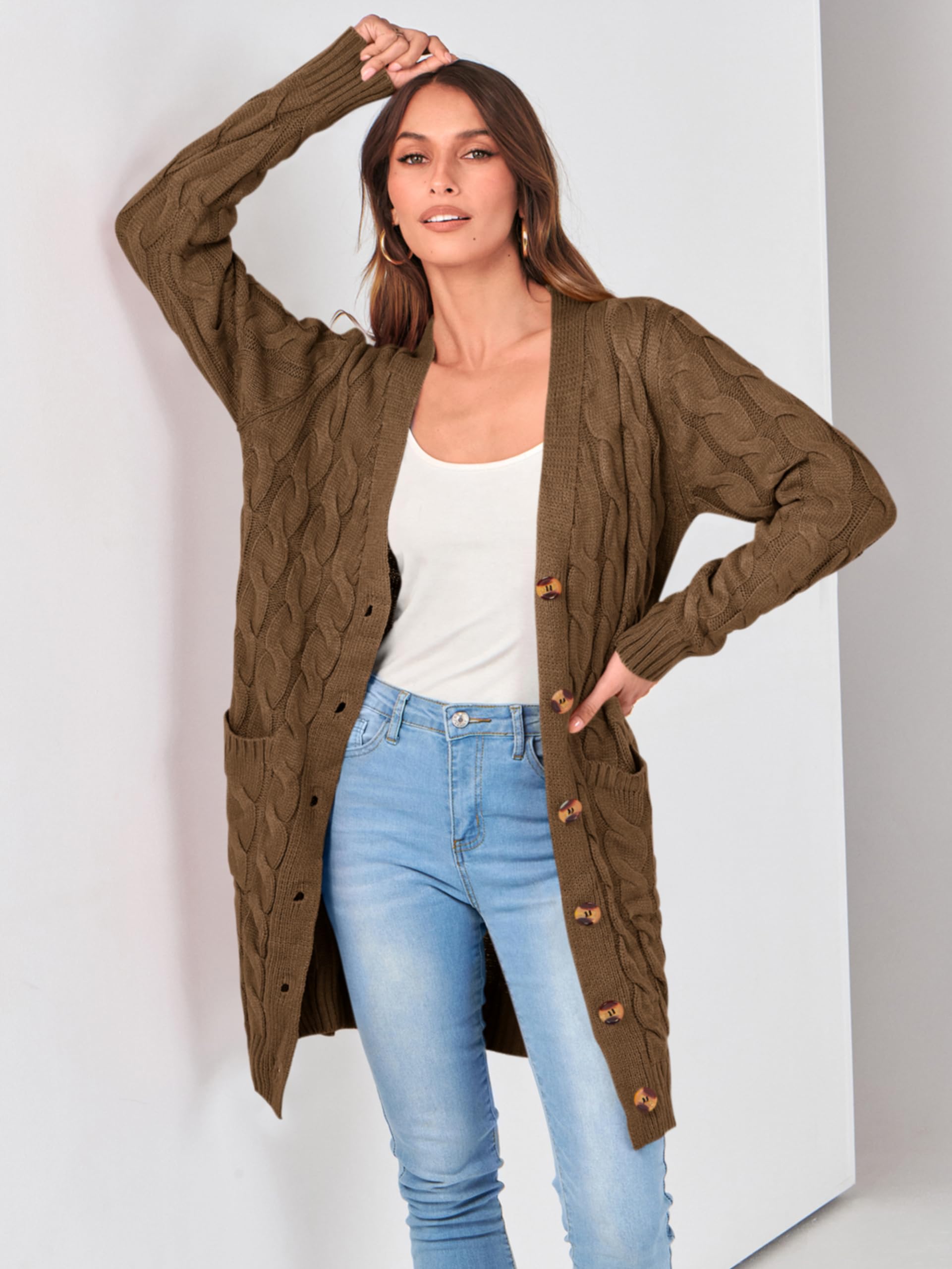 PRETTYGARDEN Long Sleeve Cable Knit Long Cardigan for Women 2026 Spring Winter Chunky Open Front Button Sweaters with Pockets(Coffee,Small)