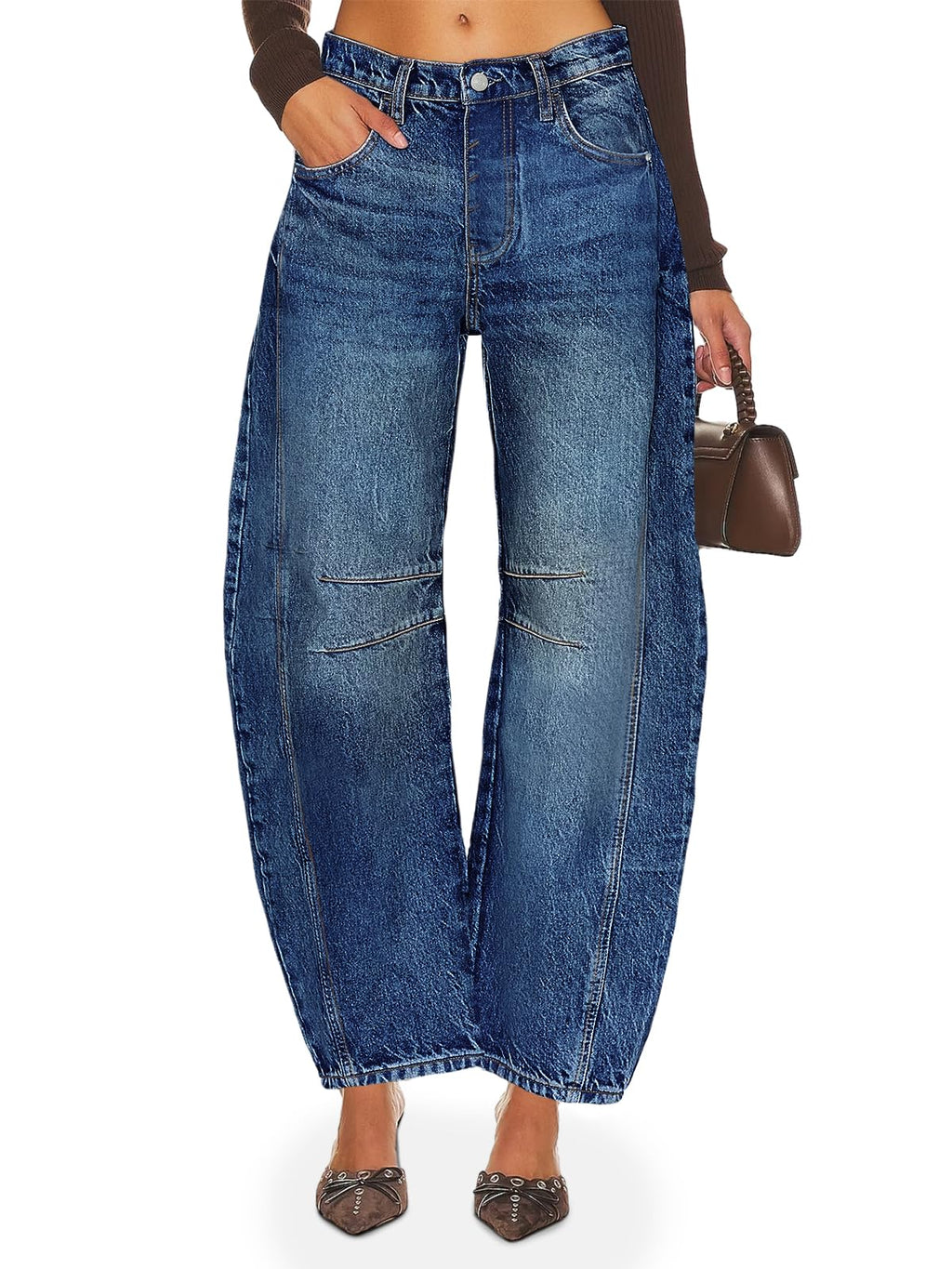 PLNOTME Women's Baggy Boyfriend Jeans Vintage Wide Leg Mid Rise Barrel Denim Ankle Pants