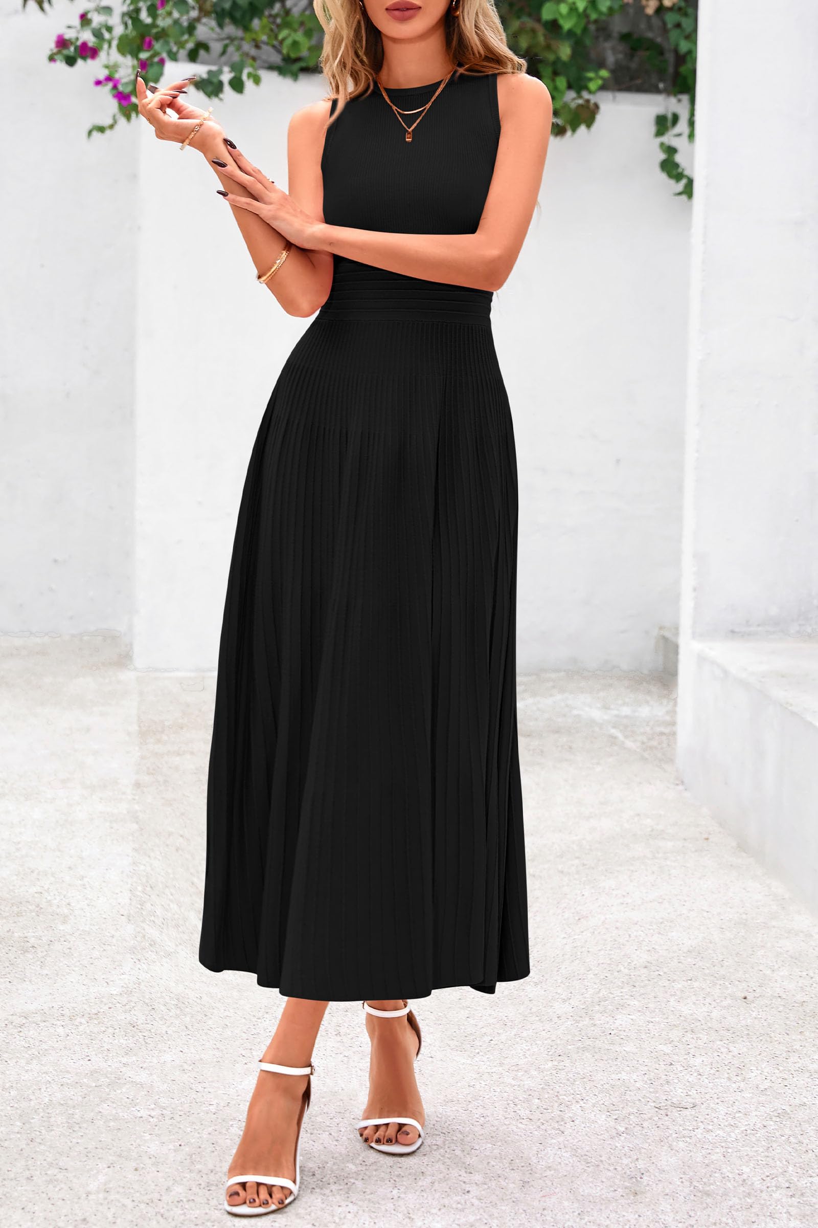 PRETTYGARDEN Spring Casual Dresses for Women 2026 Summer Business Work Midi Sleeveless A Line Pleated Cocktail Dress(Black,Medium)