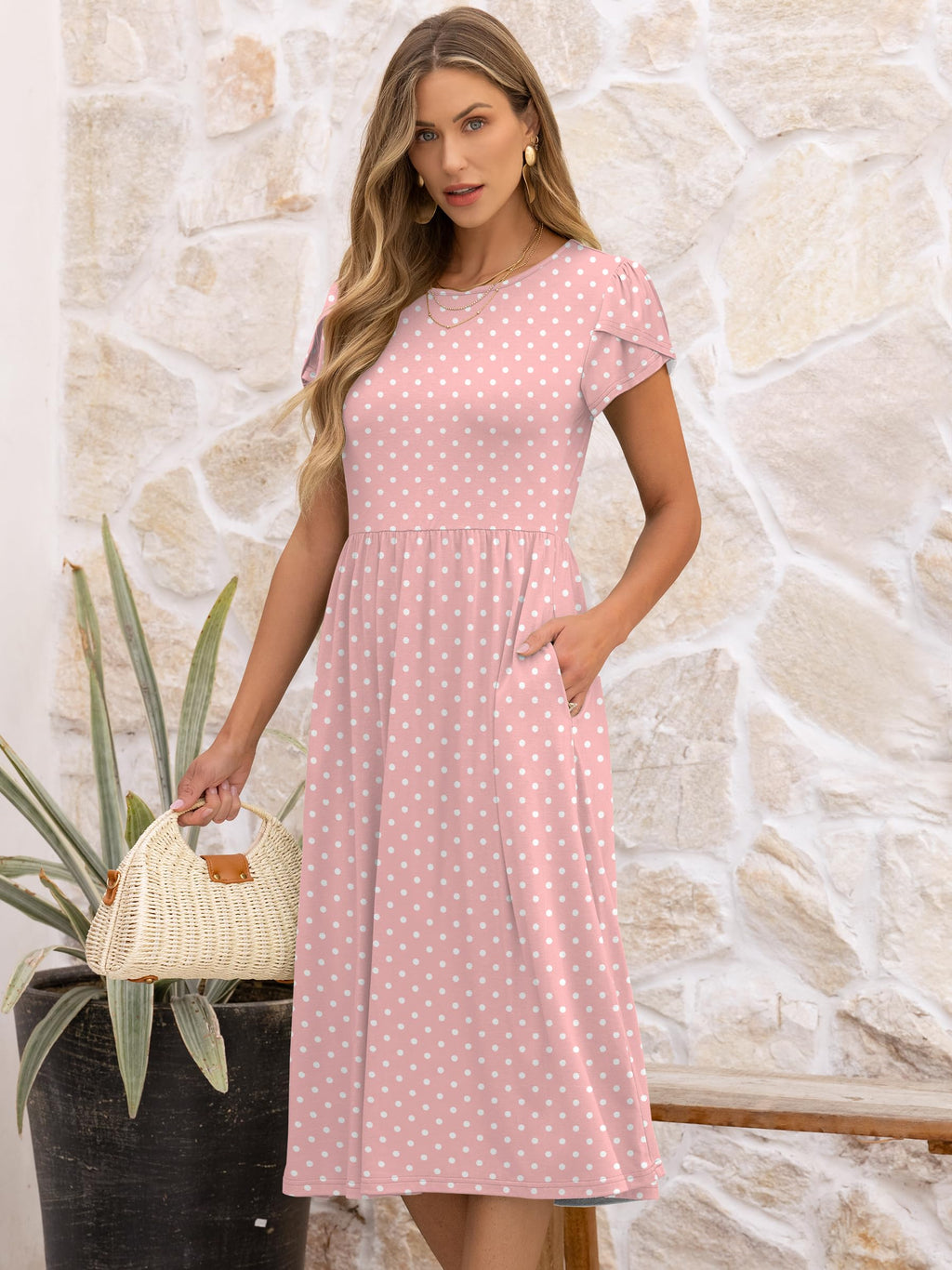 ANRABESS Women's Summer Short Sleeve A-Line Midi Dresses Casual Floral T-Shirt Dresses Flowy Beach Sundress with Pockets Pink Round Dot Large