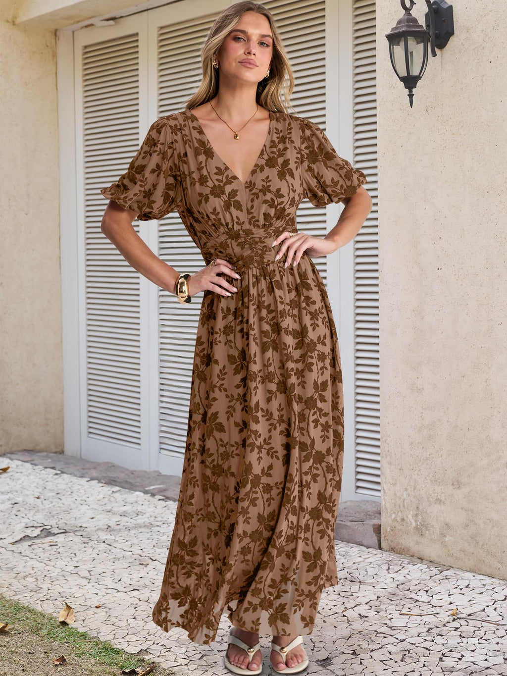 ANRABESS Women’s Floral Maxi Formal Dress Summer Mesh Short Sleeve V Neck Empire Waist Wedding Guest Party Dresses Coffee X-Large