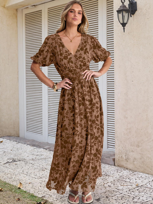ANRABESS Women’s Floral Maxi Formal Dress Summer Mesh Short Sleeve V Neck Empire Waist Wedding Guest Party Dresses Coffee X-Large