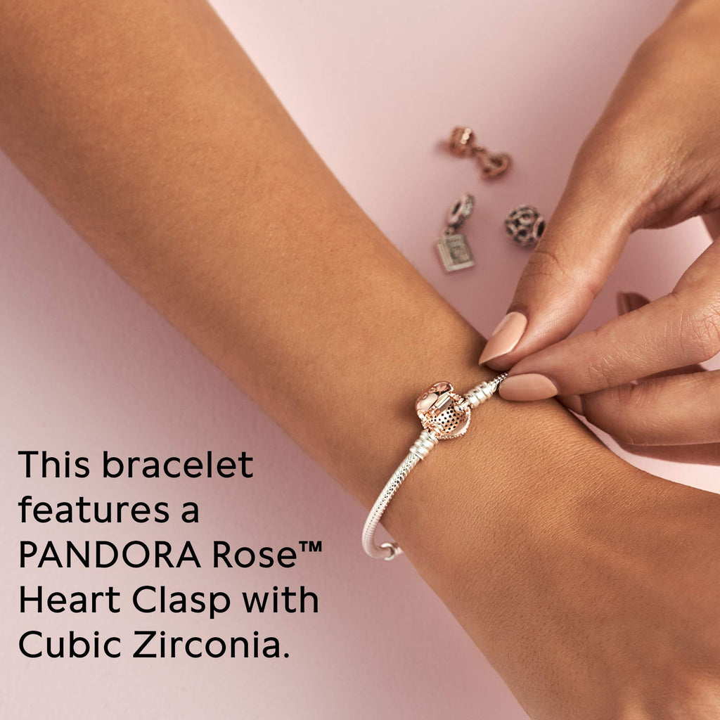 Pandora Jewelry - Moments Pave Heart Clasp Snake Chain Cubic Zirconia Bracelet - Gift for Her - Pandora Rose - 6.7"