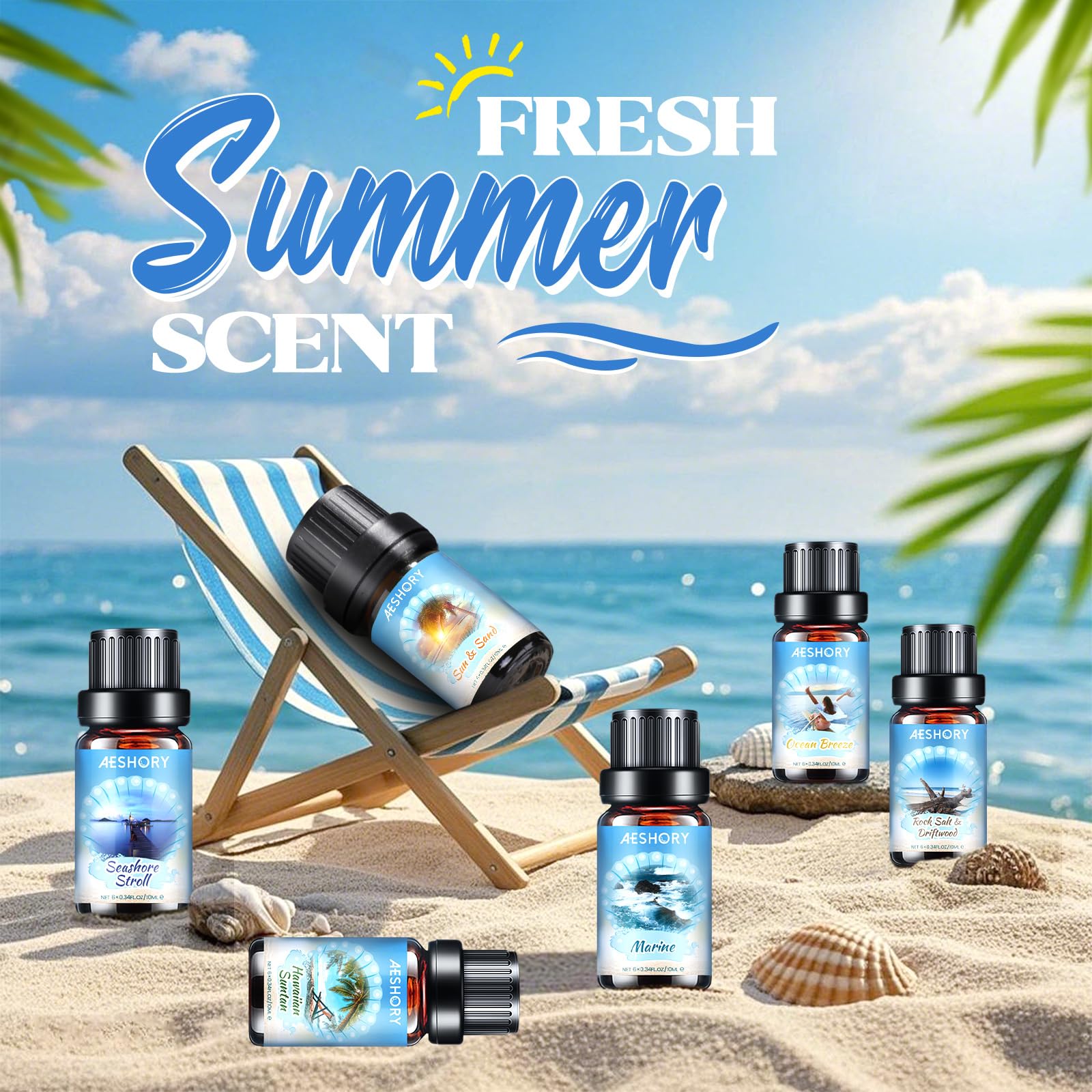 Beach Fragrance Oils Set,6 Premium Summer Essentials Oils for Diffusers for Home,Candle & Soap Making, Ocean Breeze,Hawaiian Suntan,Sun & Sand,Marine,Rock Salt & Driftwood,Seashore Stroll Scented Oil