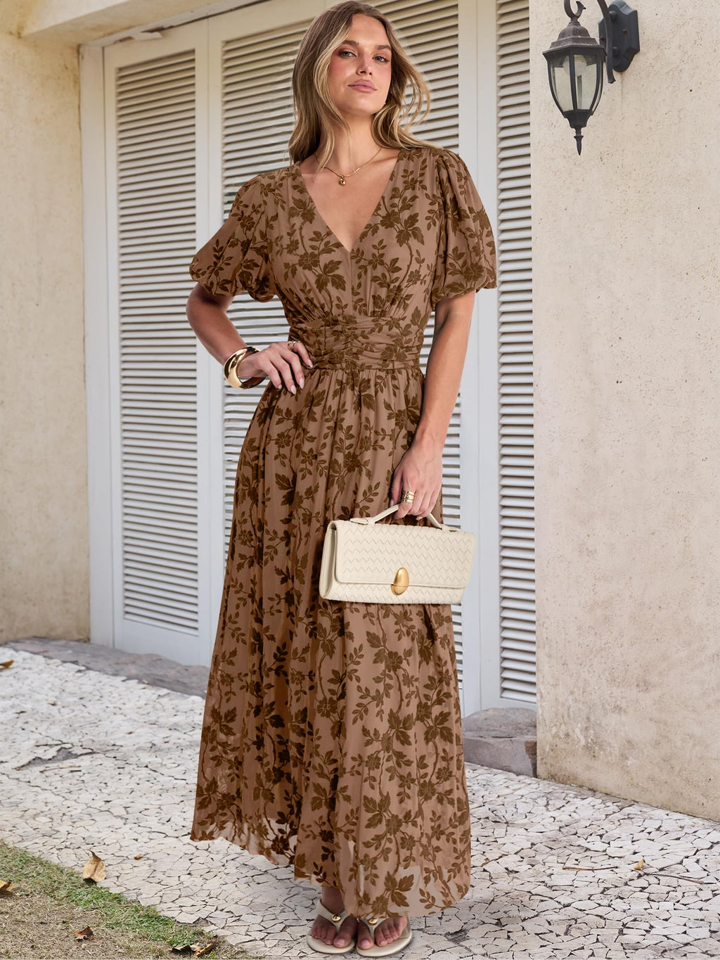 ANRABESS Women’s Floral Maxi Formal Dress Summer Mesh Short Sleeve V Neck Empire Waist Wedding Guest Party Dresses Coffee X-Large