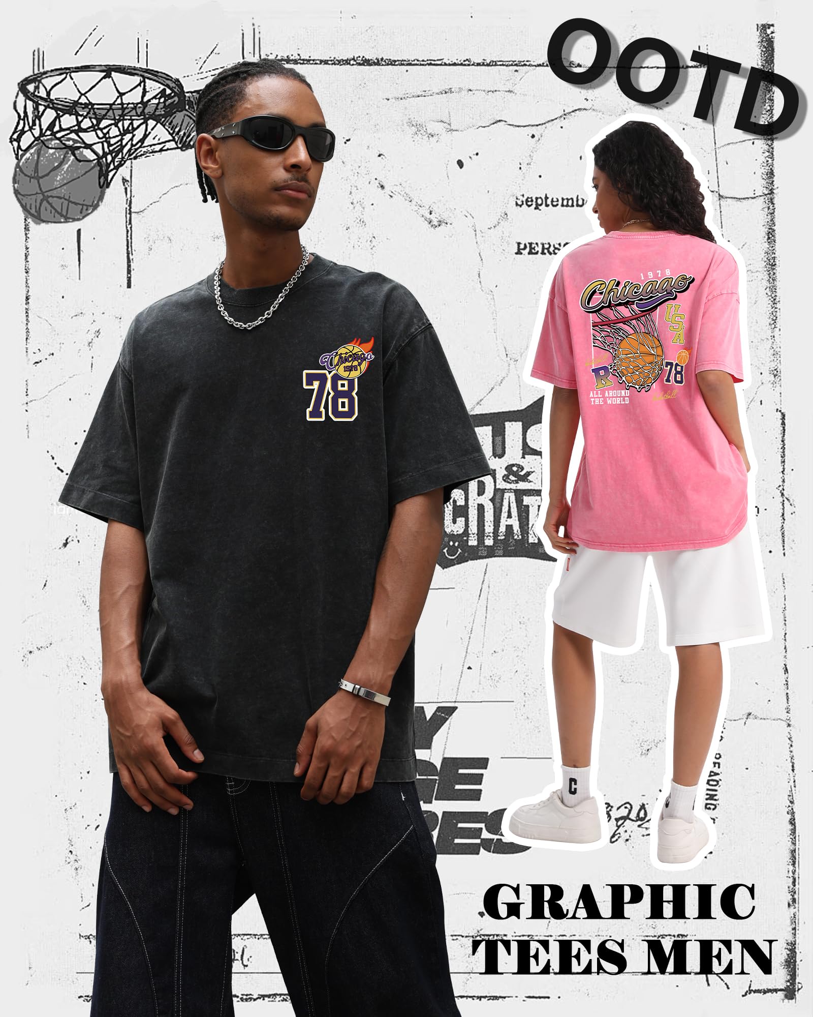 AugYew Mens Graphic Tees Vintage Unisex Acid Wash Printed Streetwear Cotton Oversized T-Shirts Loose Fit Basic Summer Trendy Tops for Men Women,Black,M