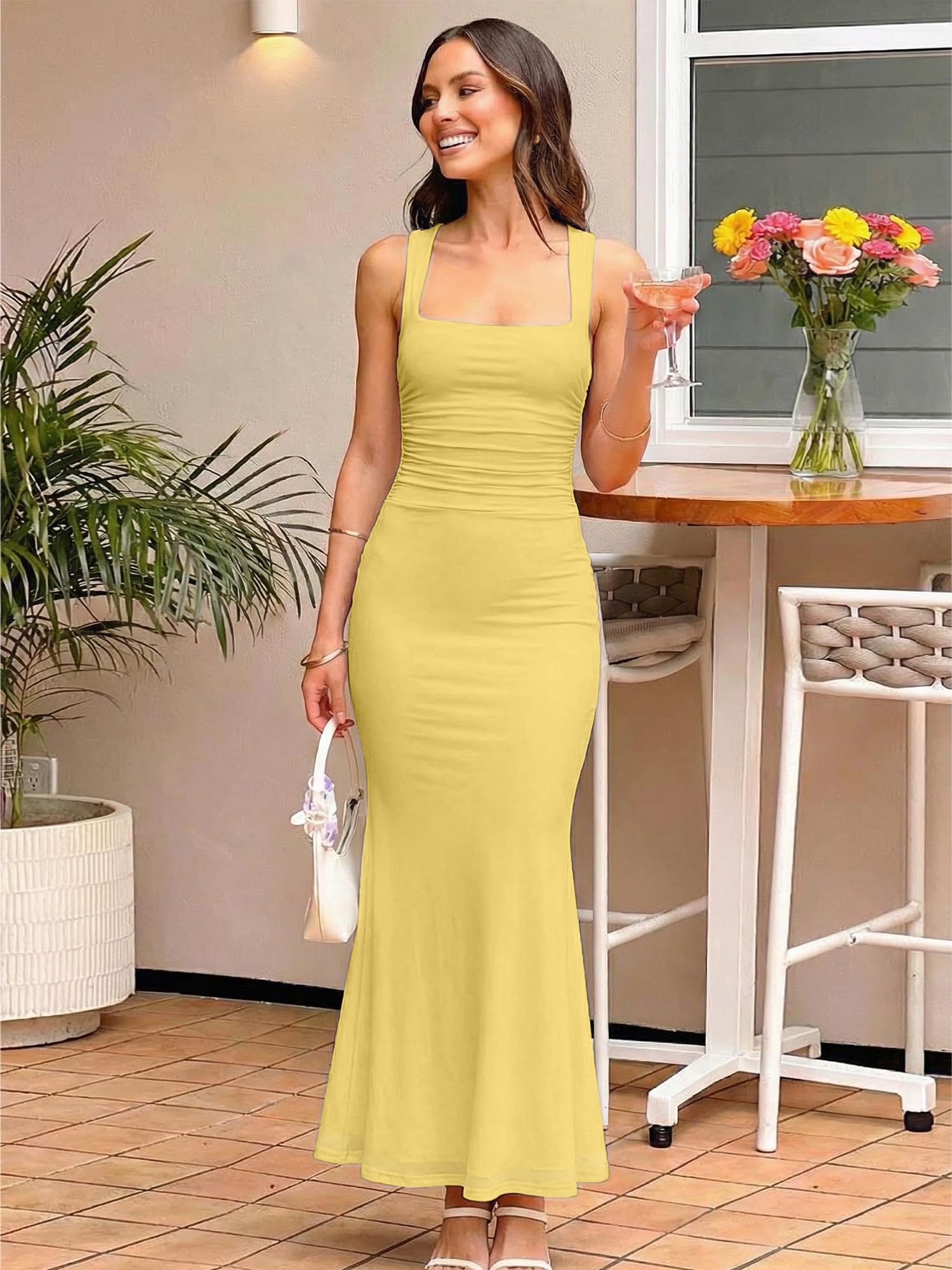 BORIFLORS Women's Ruched Bodycon Maxi Dress Mesh Sleeveless Square Neck Formal Beach Wedding Guest Cocktail Long Dresses, Small, Yellow