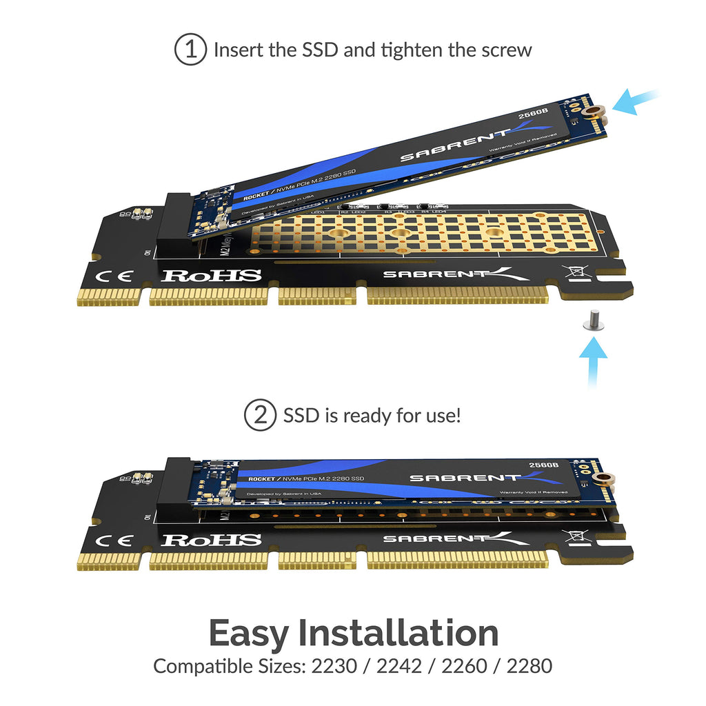 SABRENT M.2 NVMe SSD to PCIe X16/X8/X4 Adapter Card with Aluminum Heatsink, Easy Install, Supports 2230/2242/2260/2280, Not Compatible with SATA or PCIe x1 (EC-PCIE)
