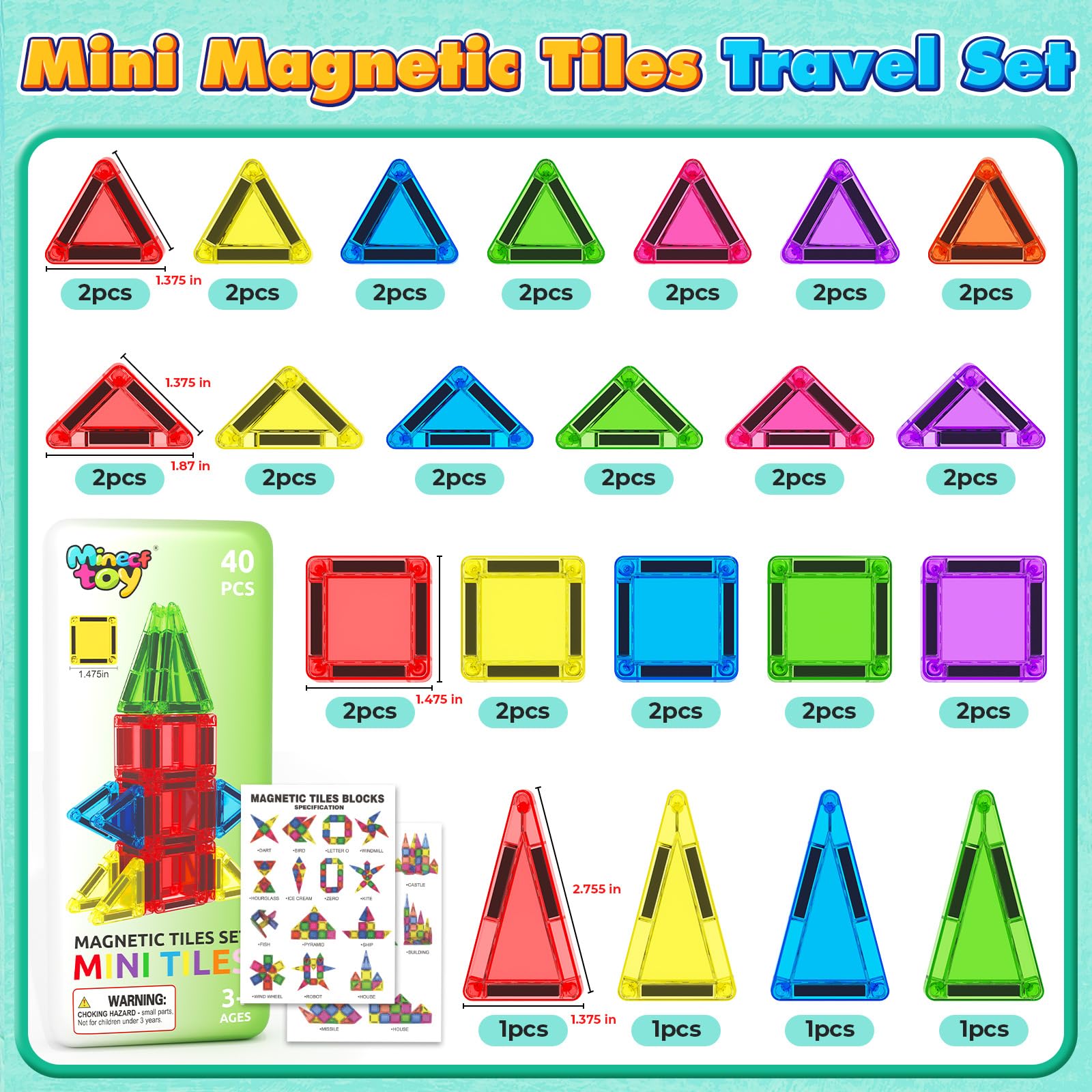40PCS Mini Magnetic Tiles Toddler Travel Essentials Toys with Case Set, Magnetic Building Blocks Kids Games, Montessori Preschool Education Sensory Toys for 3 4 5 Year Old Boys Girls Birthday Gifts