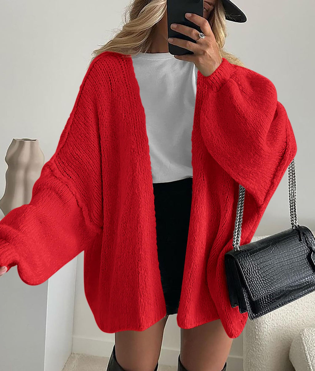 PRETTYGARDEN Womens Oversized Cardigan Sweaters 2026 Fall Long Lantern Sleeve Knit Open Front Lightweight Sweater (Red,Large)