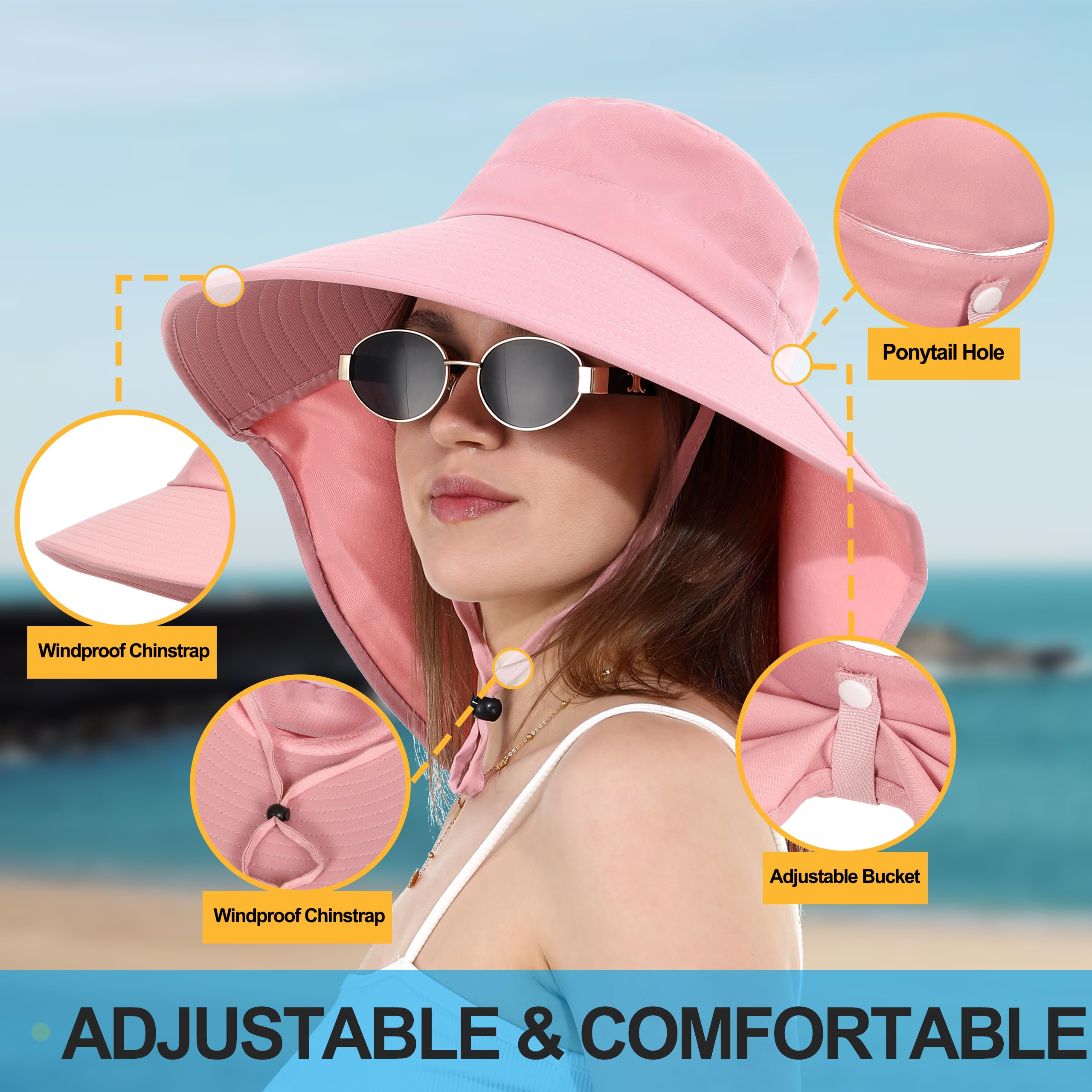 LA CARRIE Women Sun Hats Breathable Wide Brim UV Protection UPF 50+ with Neck Flap Hat for Summer Beach(Pink)