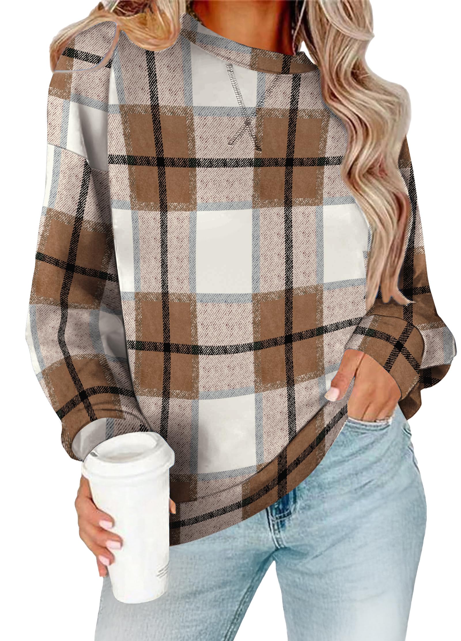 RUMIA Sweatshirt for Women Fall Fashion Clothes Crewneck Fall Outfits Tops for Women 2025 Ladies Pullover Long Sleeve T Shirts Trendy Beige Plaid L