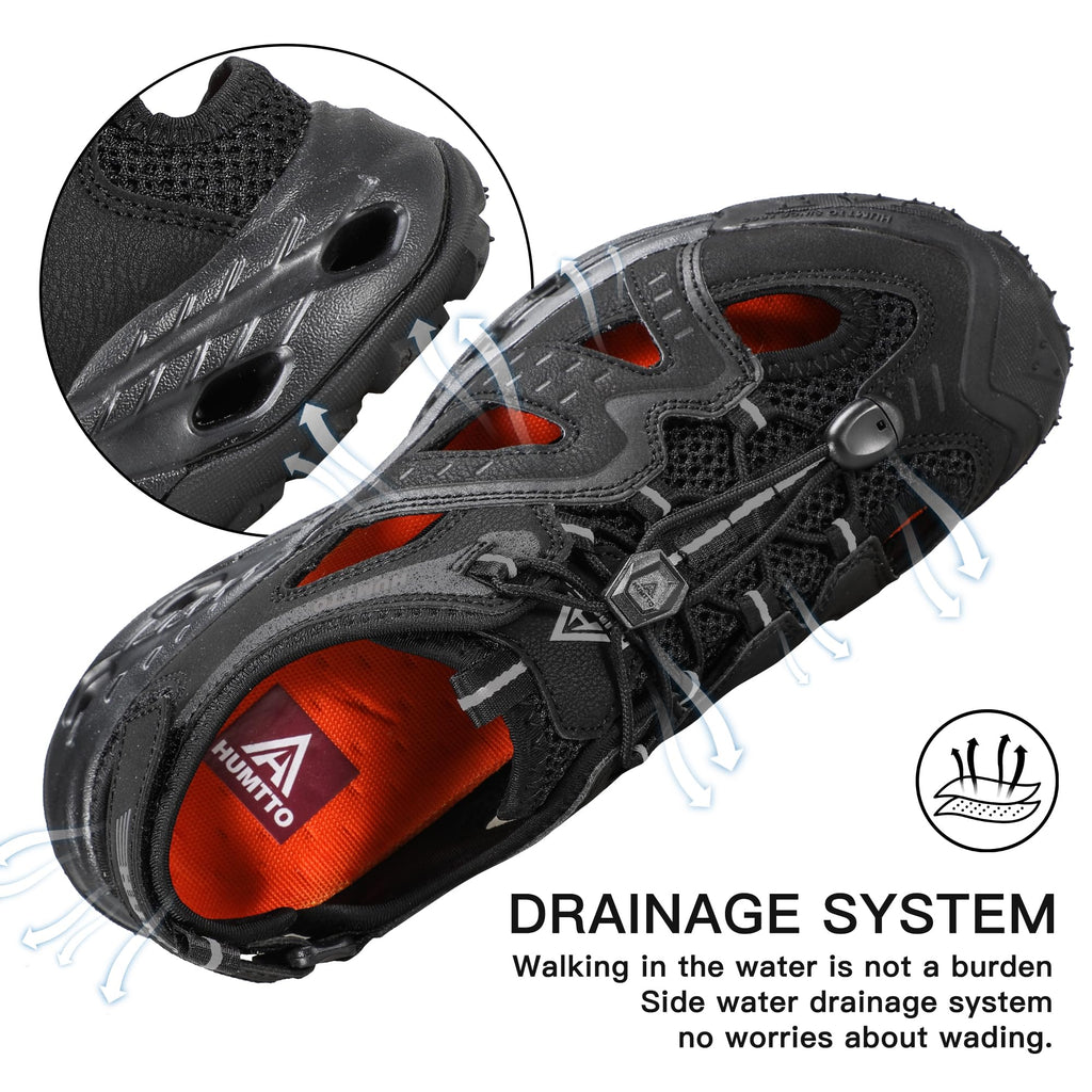 HUMTTO Men's Amphibious Closed Toe Hiking Sandals Quick-Dry Water Shoes Non-Slip Athletic Adjustable Outdoor Fisherman Beach Summer Walking Travel Shoe 10.5 Black