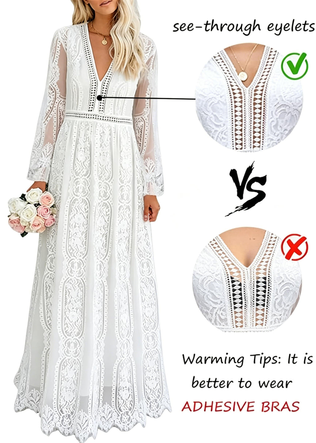Women's V Neck Long Sleeves White Lace Maxi Wedding Dress Boho Flowy Wedding Guest Formal Party Dress Fall Winter Spring