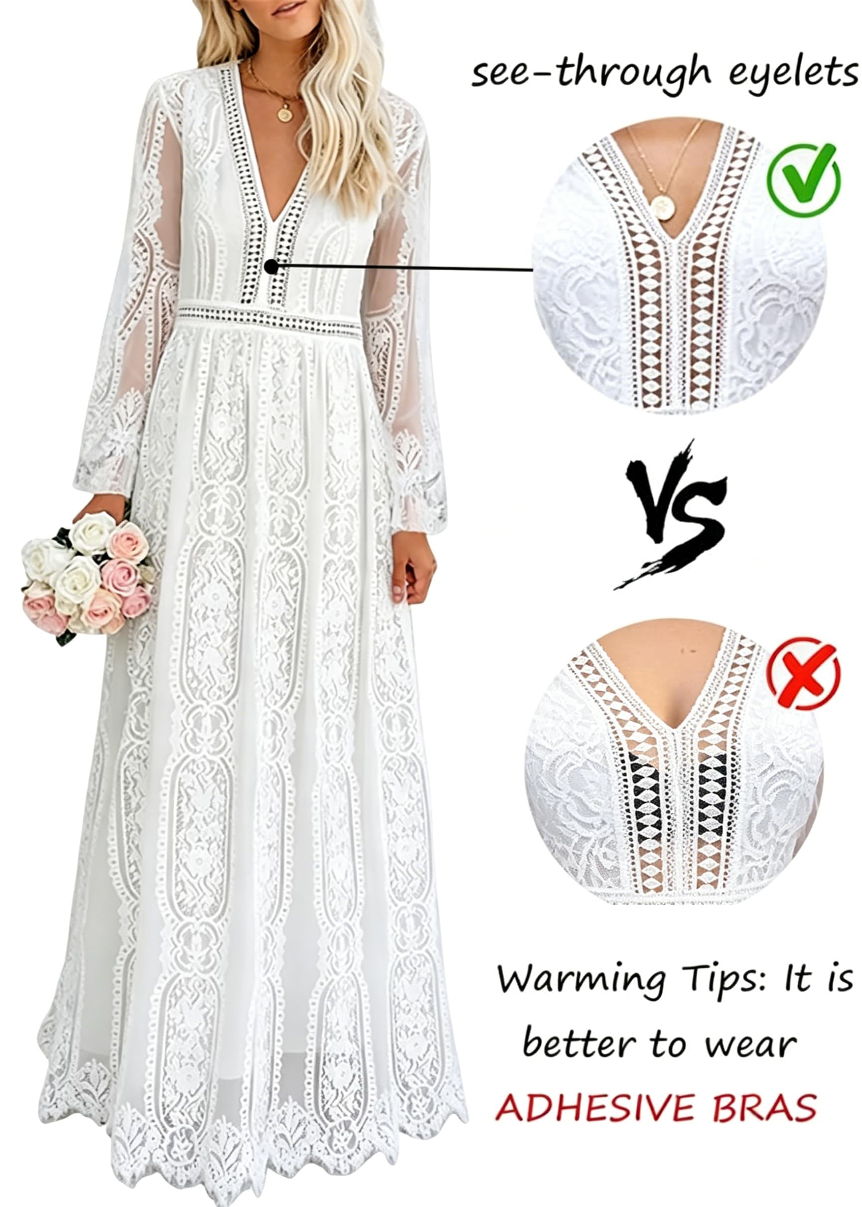Women's V Neck Long Sleeves White Lace Maxi Wedding Dress Boho Flowy Wedding Guest Formal Party Dress Fall Winter Spring