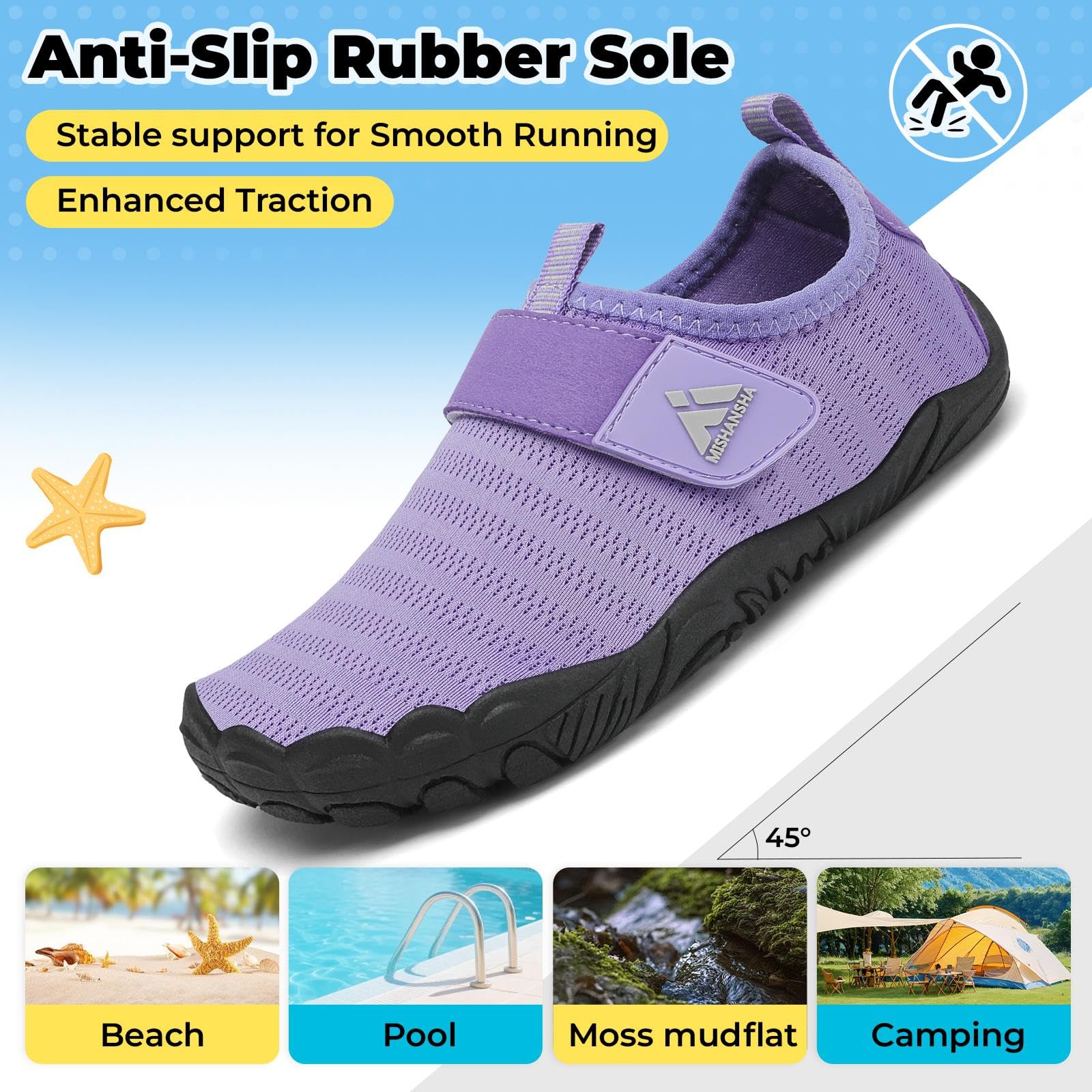 Mishansha Kids Water Shoes Quick-Dry Wide Toe Box Non-Slip Barefoot Shoes Beach Pool Swim Shoes Purple 2 Big Kid