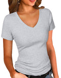 PALINDA Women's Short Sleeves Ribbed Fitted Shirt Basic V Neck Slim T Shirt Tops(Grey L)