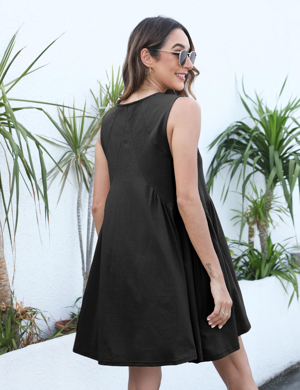 Athlisan Womens Summer Sleeveless Mini Dress Casual Loose V Neck Sundress with Pockets(Black-L)