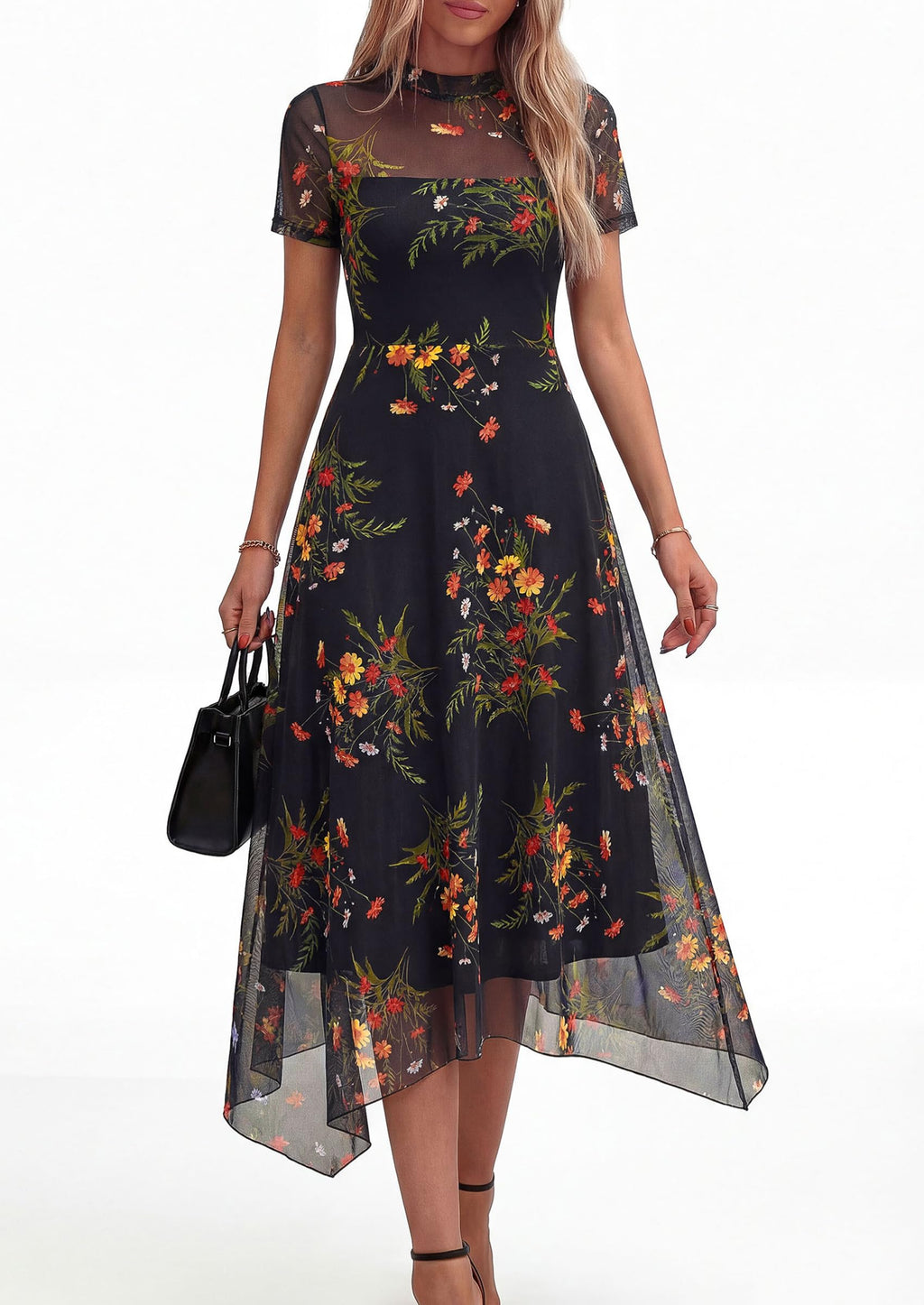 PRETTYGARDEN Cocktail Dresses for Women 2026 Summer Short Sleeve Floral Mesh Sheer Midi Party Wedding Guest Dress (Floral Black Yellow,Medium)