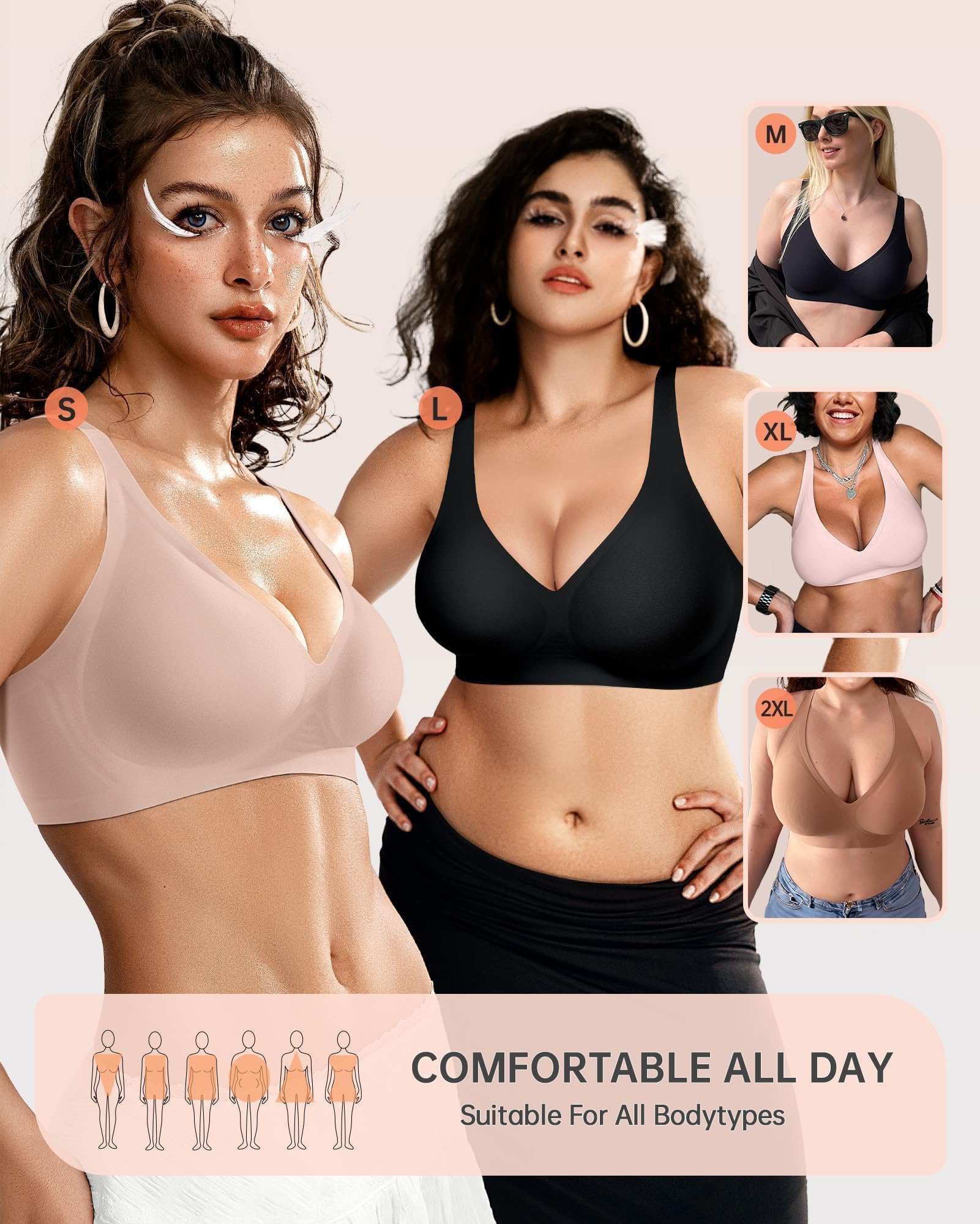 OEAK Womens Deep V Bras Wireless Comfortable Bra Supportive No Underwire Bras Tshirt Push Up Bralettes Plunge Seamless Bra Nude L