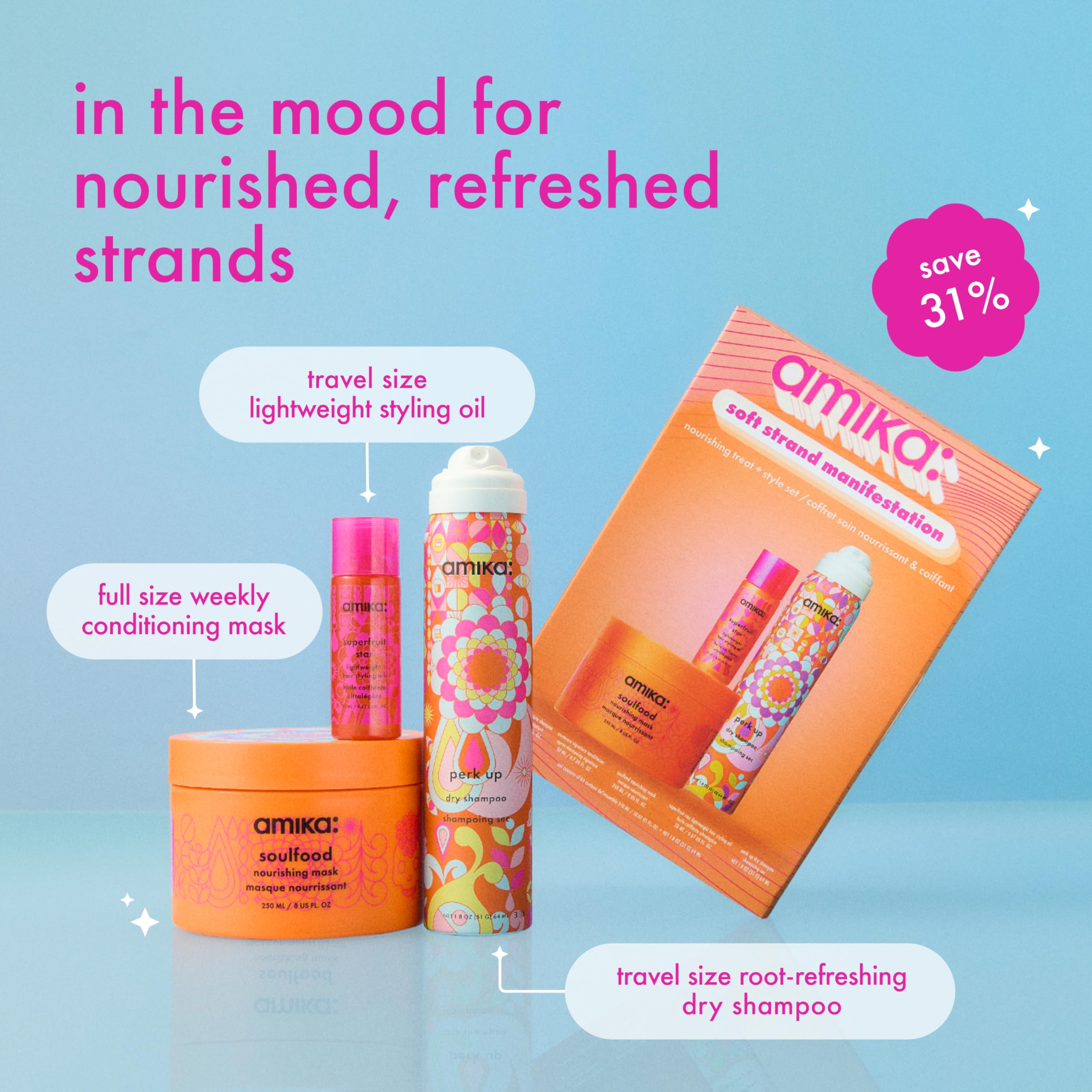 amika soft strand manifestation nourishing treat + style set | set for soft hair | for all hair types | full size soulfood, travel size perk up + superfruit star