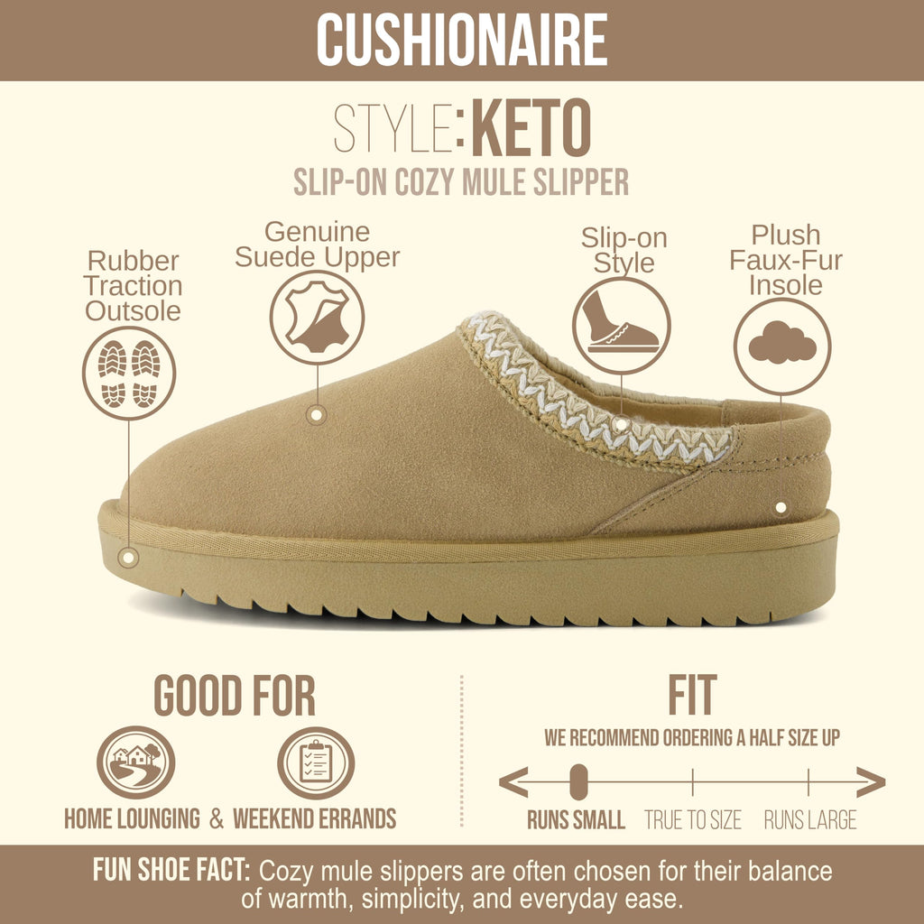CUSHIONAIRE Keto Womens Slippers- Genuine Suede Cozy & Stylish, Memory Foam & Faux Shearling Winter Slippers for Women BISCUIT 7.5