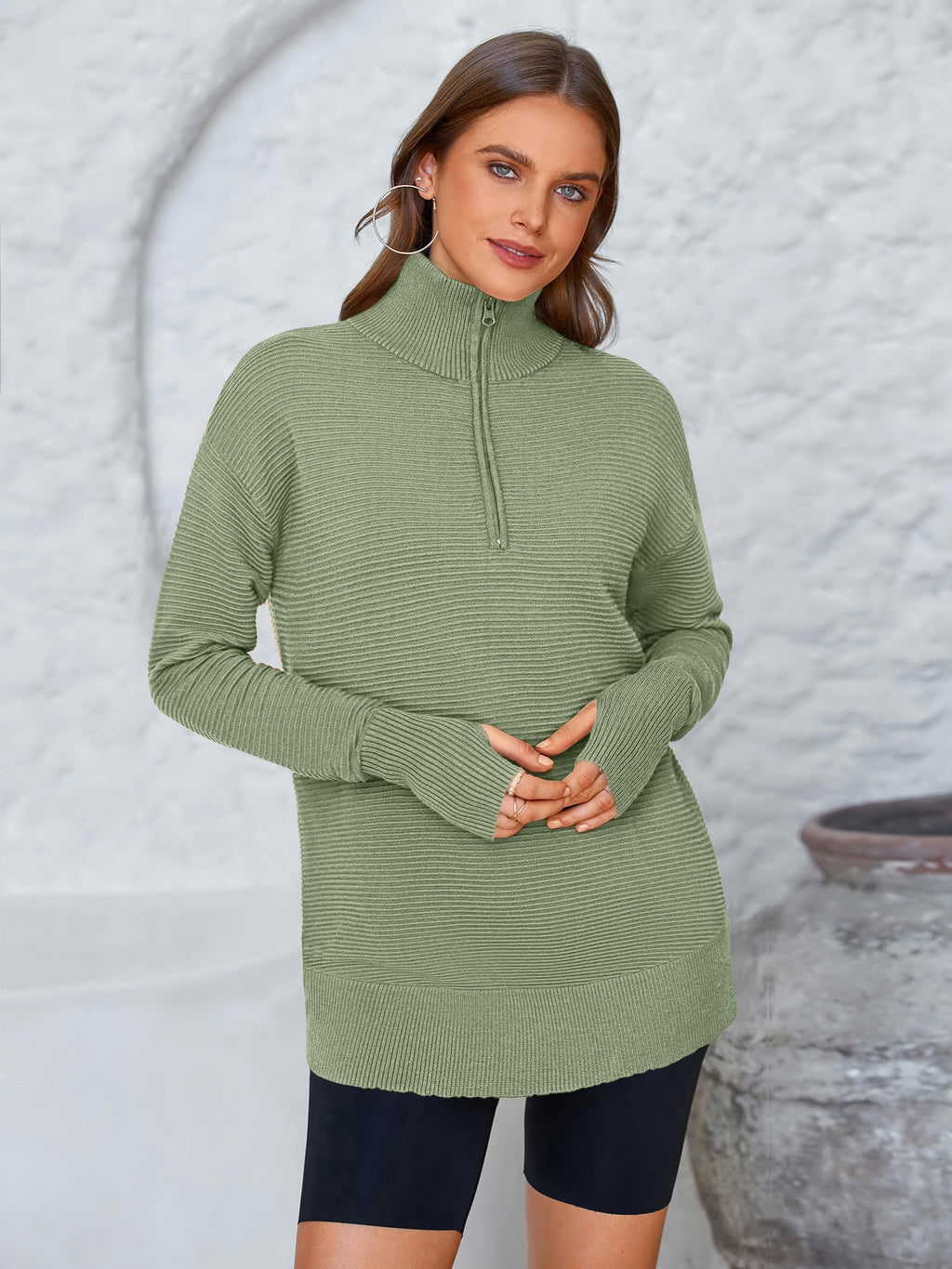 PRETTYGARDEN Womens Long Sleeve Quarter Zip Pullover Sweater Casual Loose V Neck Collared Ribbed Knit Jumper Tops Thumb Hole(Grey Green,Small)