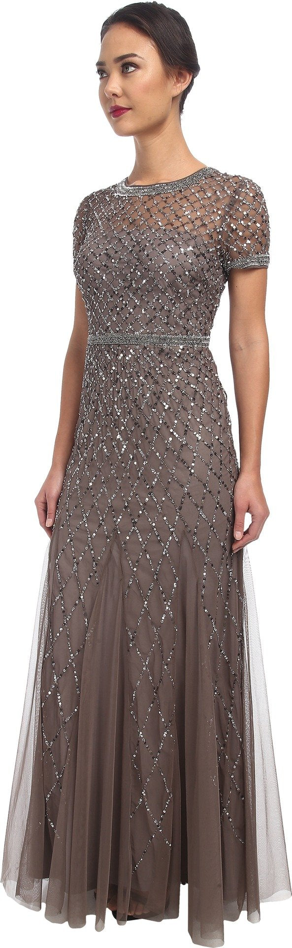 Adrianna Papell Women's Short Sleeve Beaded Mesh Gown, Lead, 4