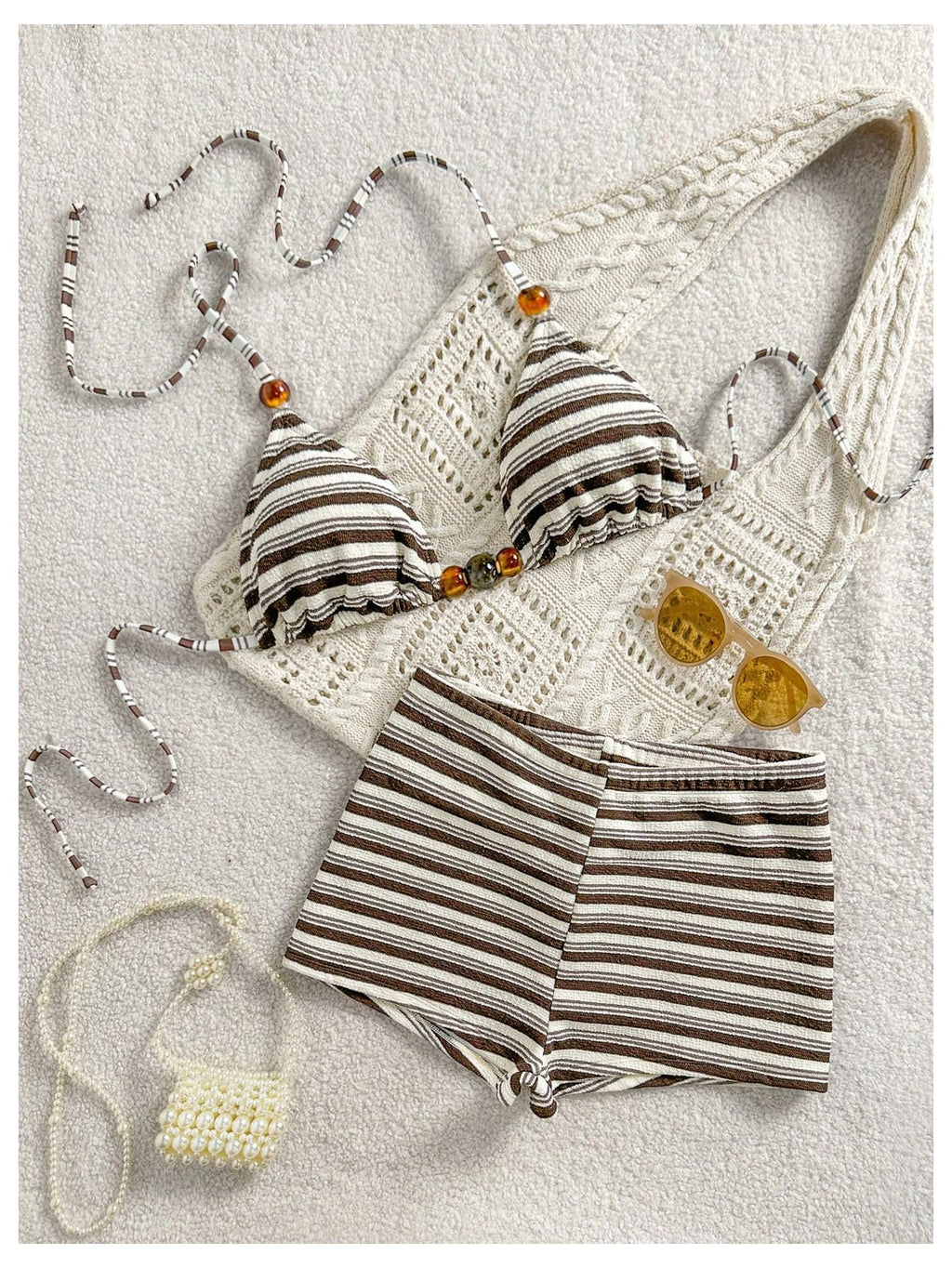 WDIRARA Women's Striped Halter Bikini Set Beaded Triangle Swimsuit 2 Piece Bathing Suit Coffee Brown Medium