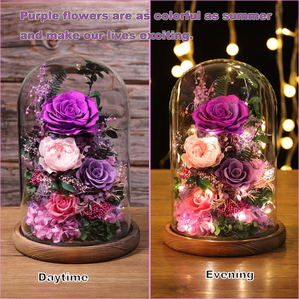 lovenfold Flowers for Delivery Preserved Flowers Rose in Glass Dome, Purple Rose Forever Flowers Birthday Gifts for Women Mom Grandma Friend Gifts for Her, Home Decor