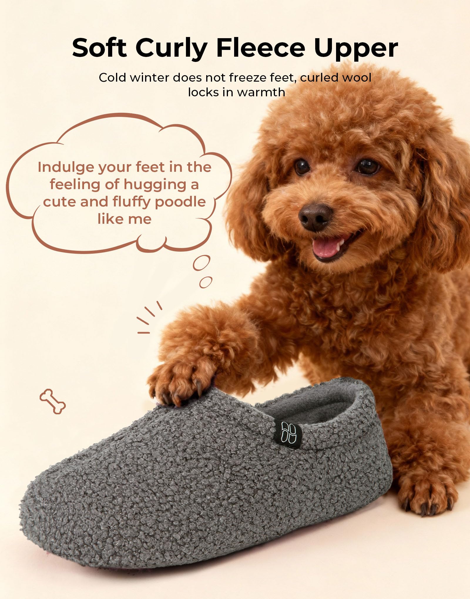 HomeTop Women's Fuzzy Curly Fur Memory Foam Loafer Slippers Bedroom House Shoes with Polar Fleece Lining (8.5, Grey)