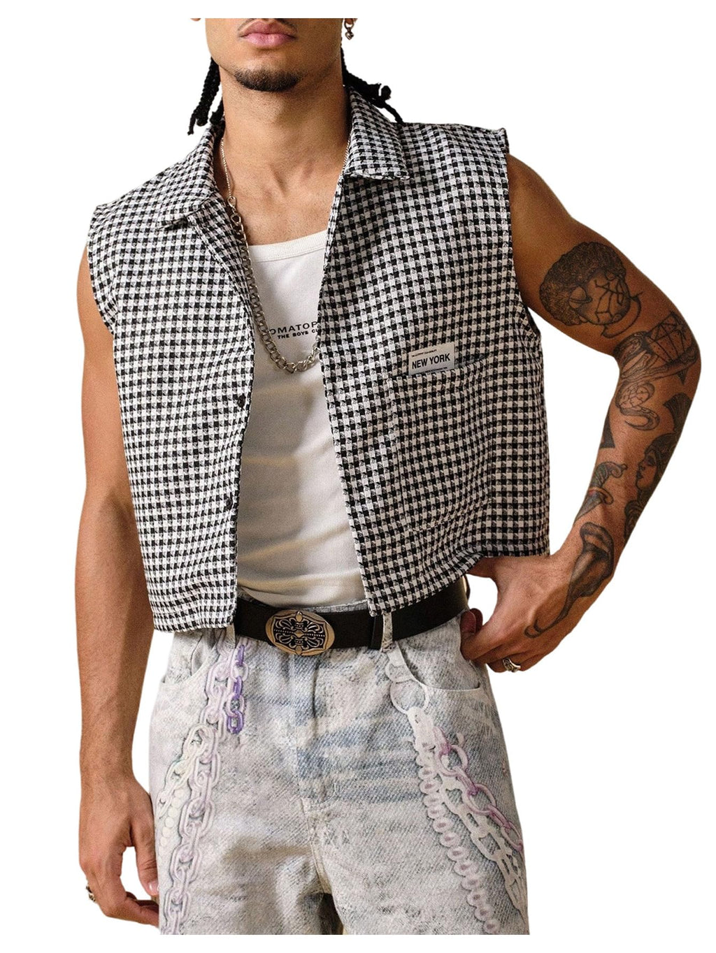 GORGLITTER Men's Gingham Plaid Cropped Shirt Button Up Sleeveless Boxy Y2K Collar Streetwear Vest Tops Black and White Small