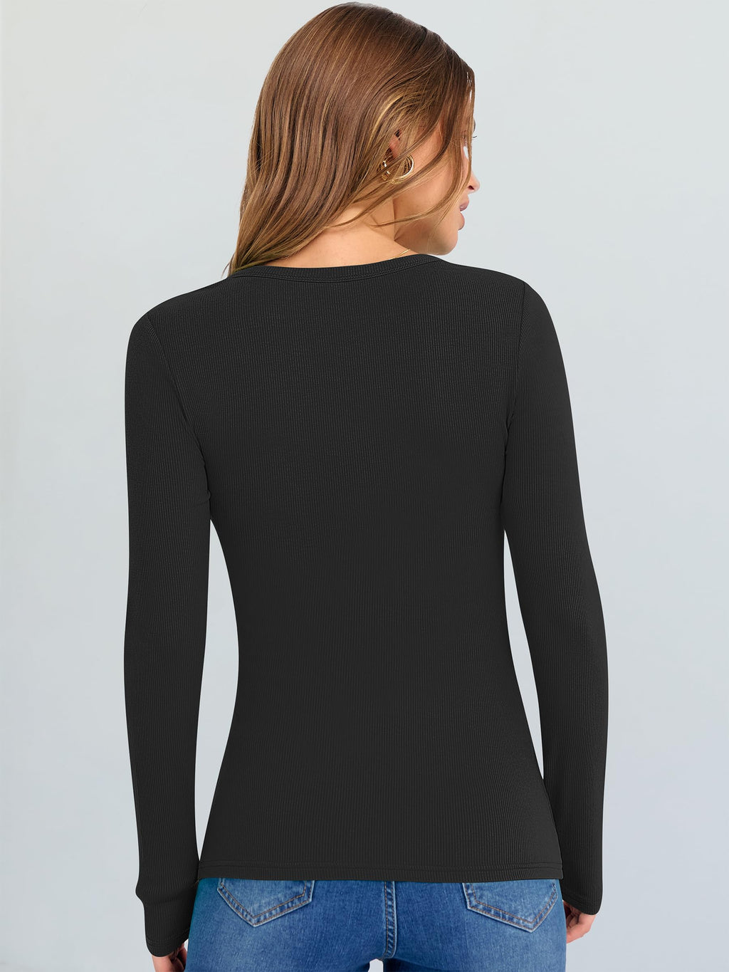 ANRABESS Long Sleeve Shirts for Women V Neck Ribbed Knit Fitted Fall Basic Tshirts Going Out Tops 2026 Casual Trendy Clothes Black Large