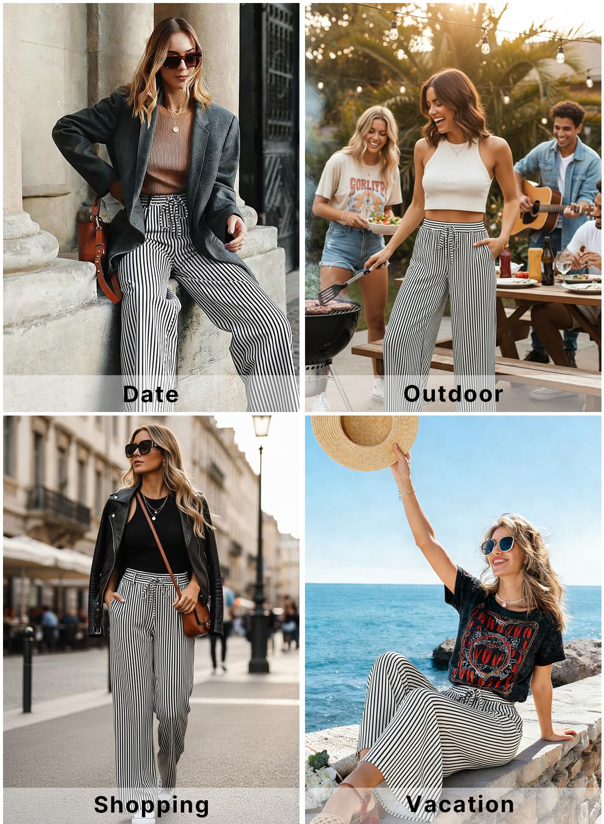 Acelitt Women Casual Striped Wide Leg Pants Drawstring Elastic High Waisted 2026 Summer Fashion Beach Pants Trousers with Pockets Black Small
