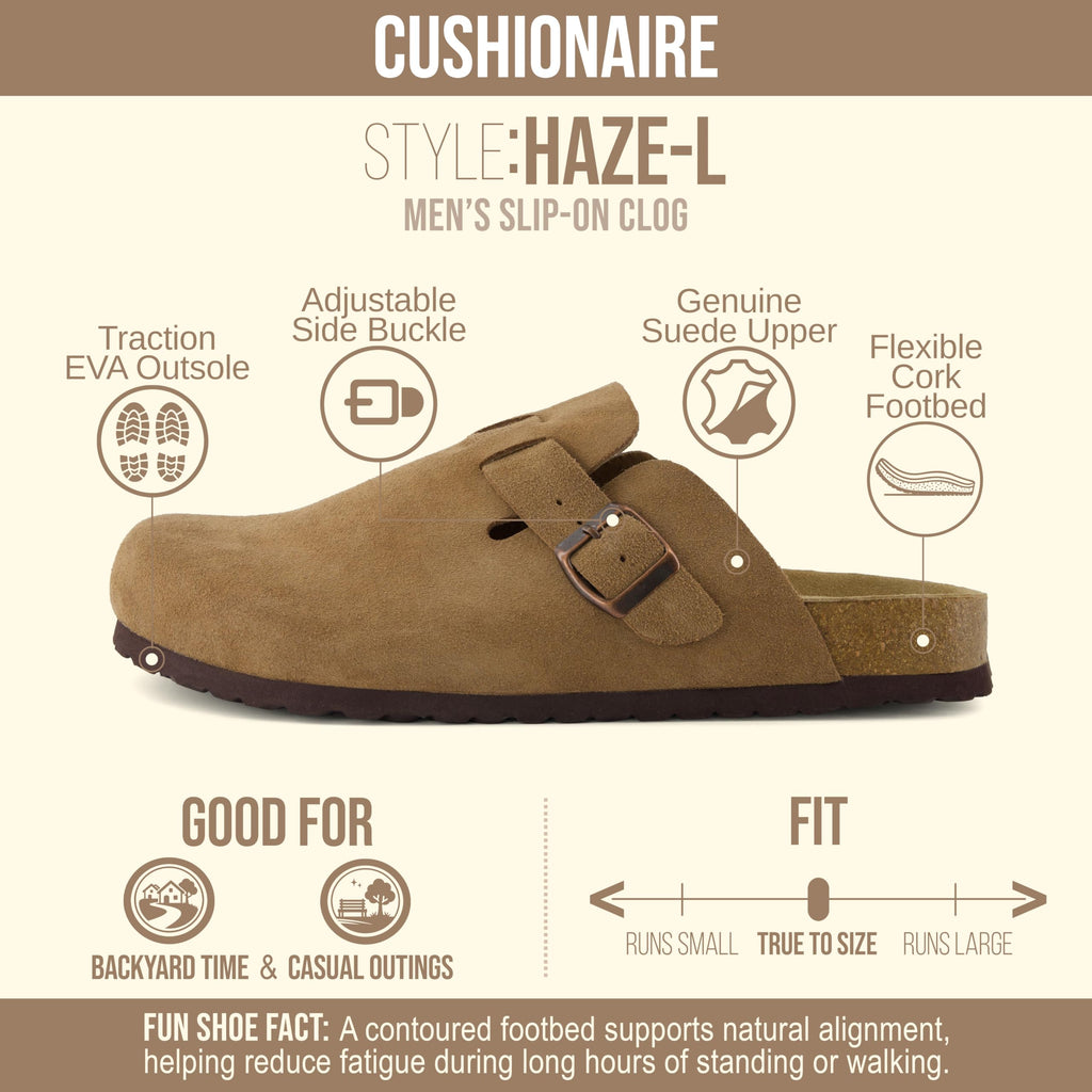 CUSHIONAIRE Haze Genuine Suede Leather Mens Clogs - Comfortable Slip On Potato Shoes for Men with Adjustable Buckle, BROWN 10