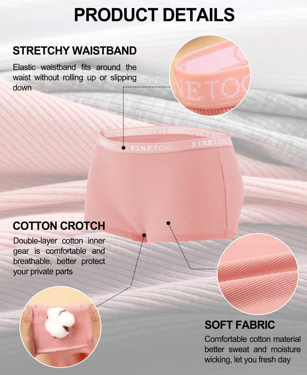 FINETOO Boyshort Underwear for Women Cotton Boxer Briefs Full Coverage Ladies BoyShorts Panties 5 Pack