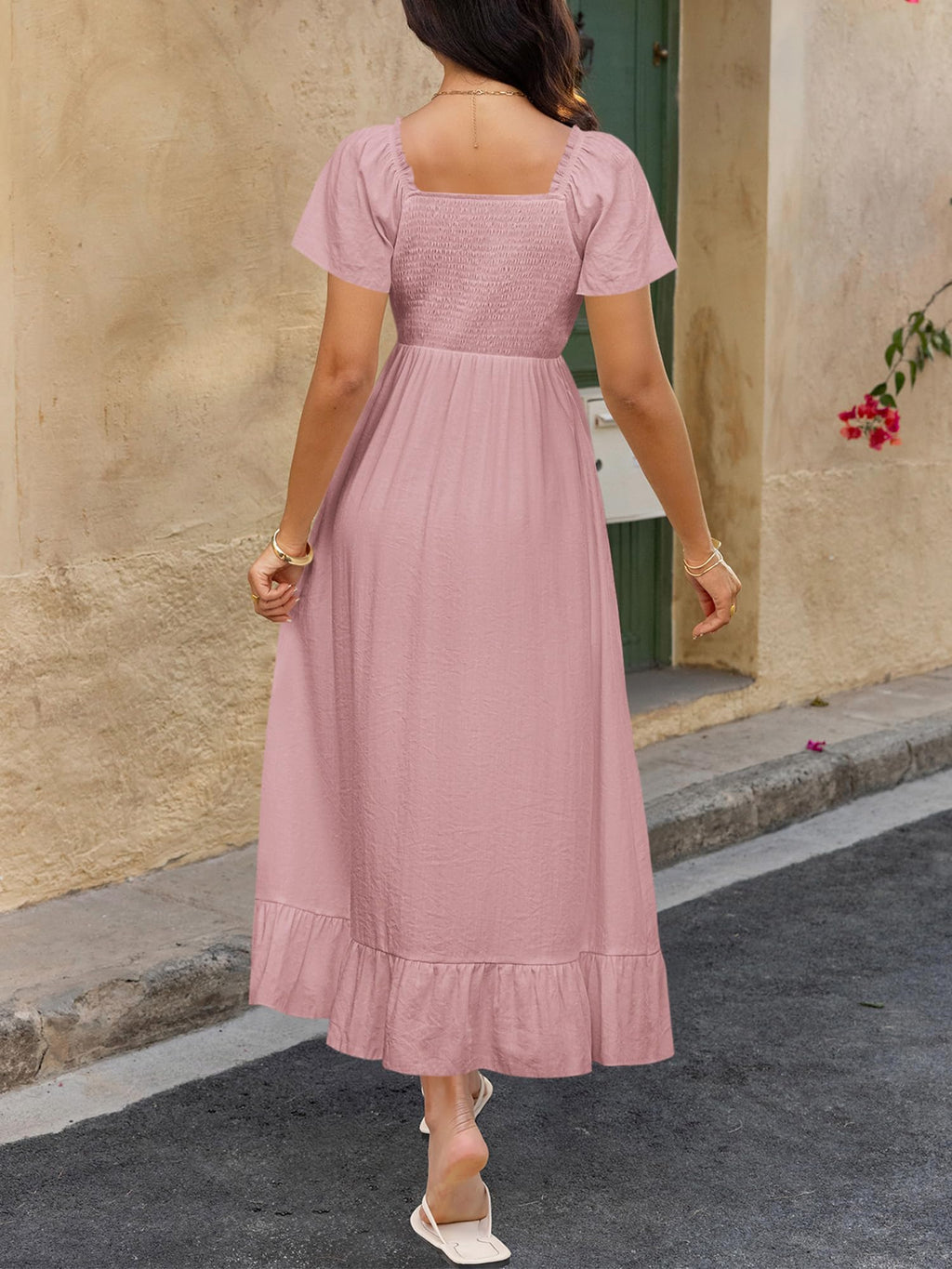 BTFBM Womens Spring Dresses 2026 Casual Short Sleeve V Neck Drawstring Wedding Guest Maxi Dresses Boho Beach Long Dress (Pink,Small)