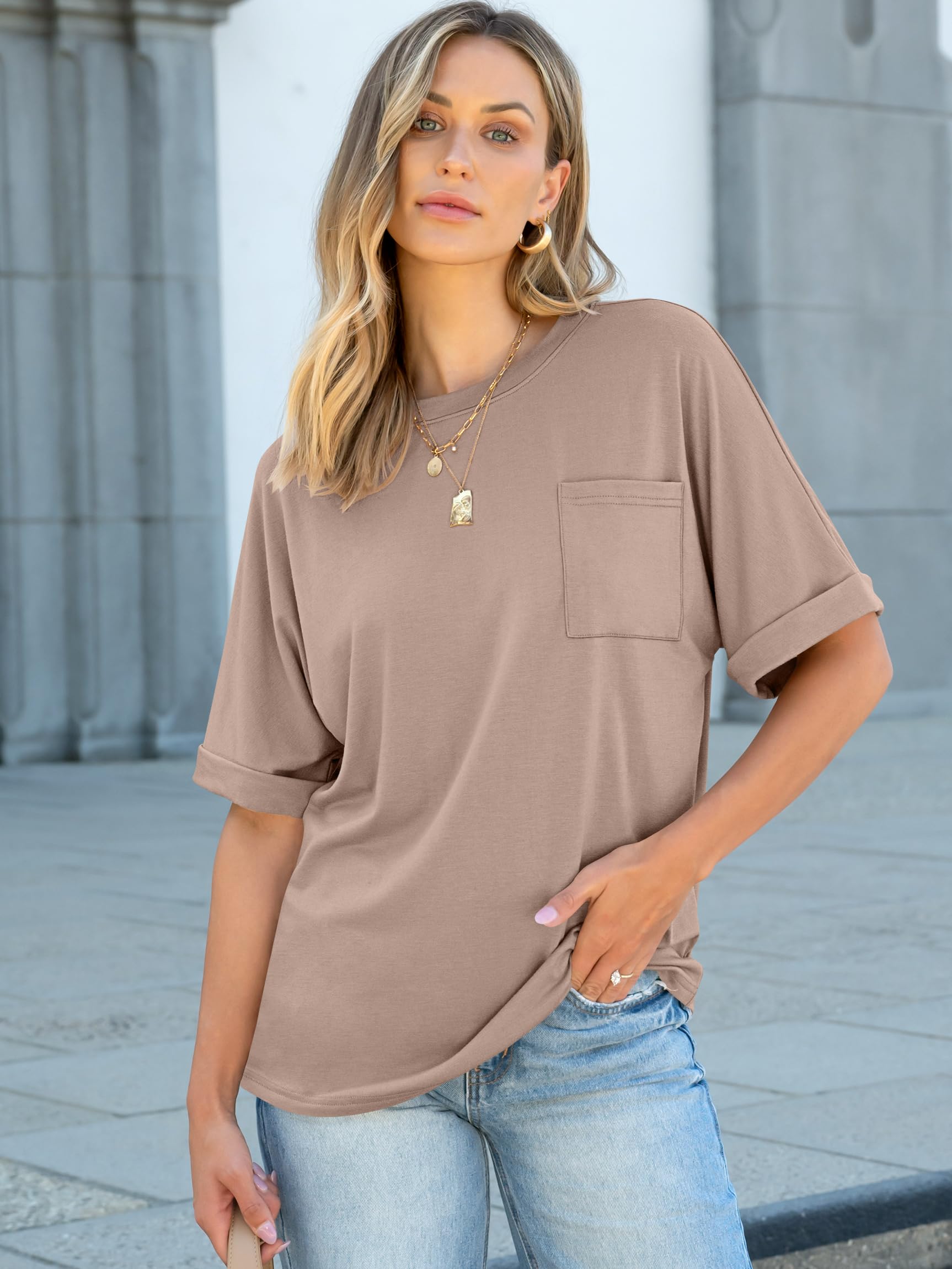ANRABESS Women Oversized T Shirts Short Sleeve Summer Casual Loose Top Basic Tee with Pocket Khaki X-Large