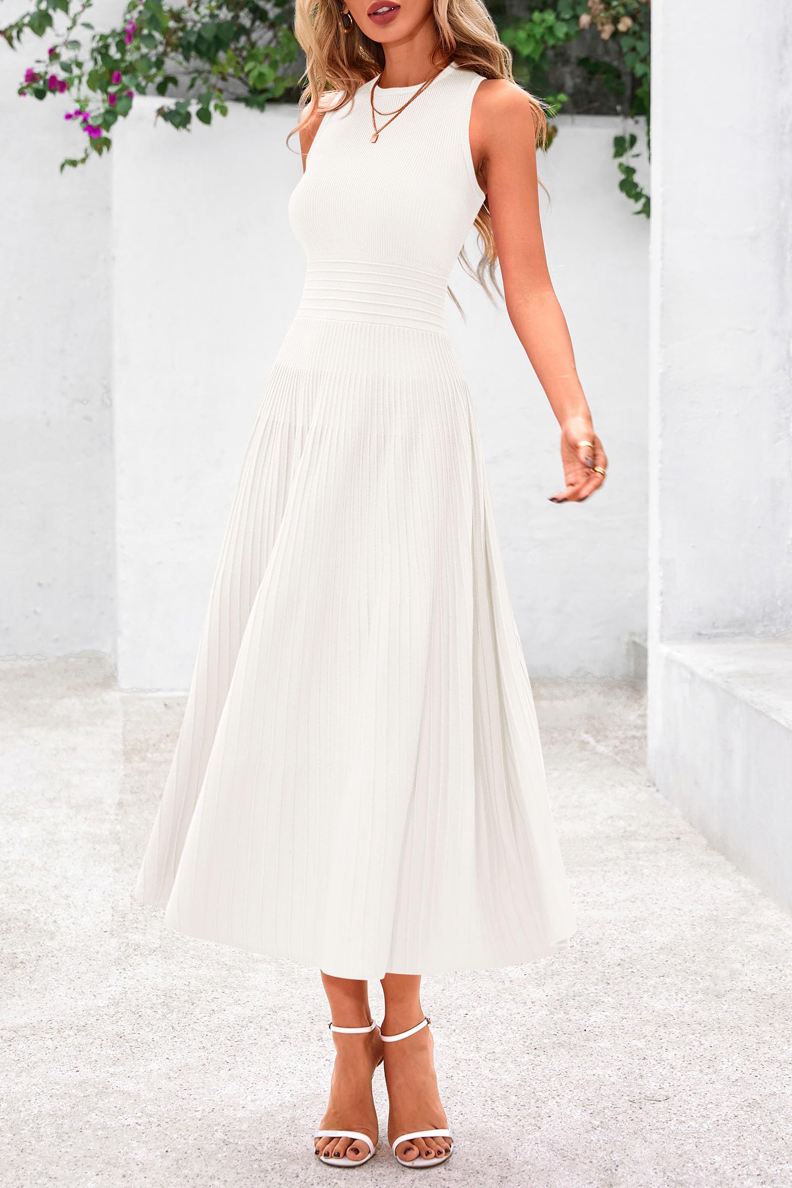 PRETTYGARDEN Spring Casual Dresses for Women 2025 Summer Business Work Midi Sleeveless A Line Pleated Cocktail Dress(White,Medium)