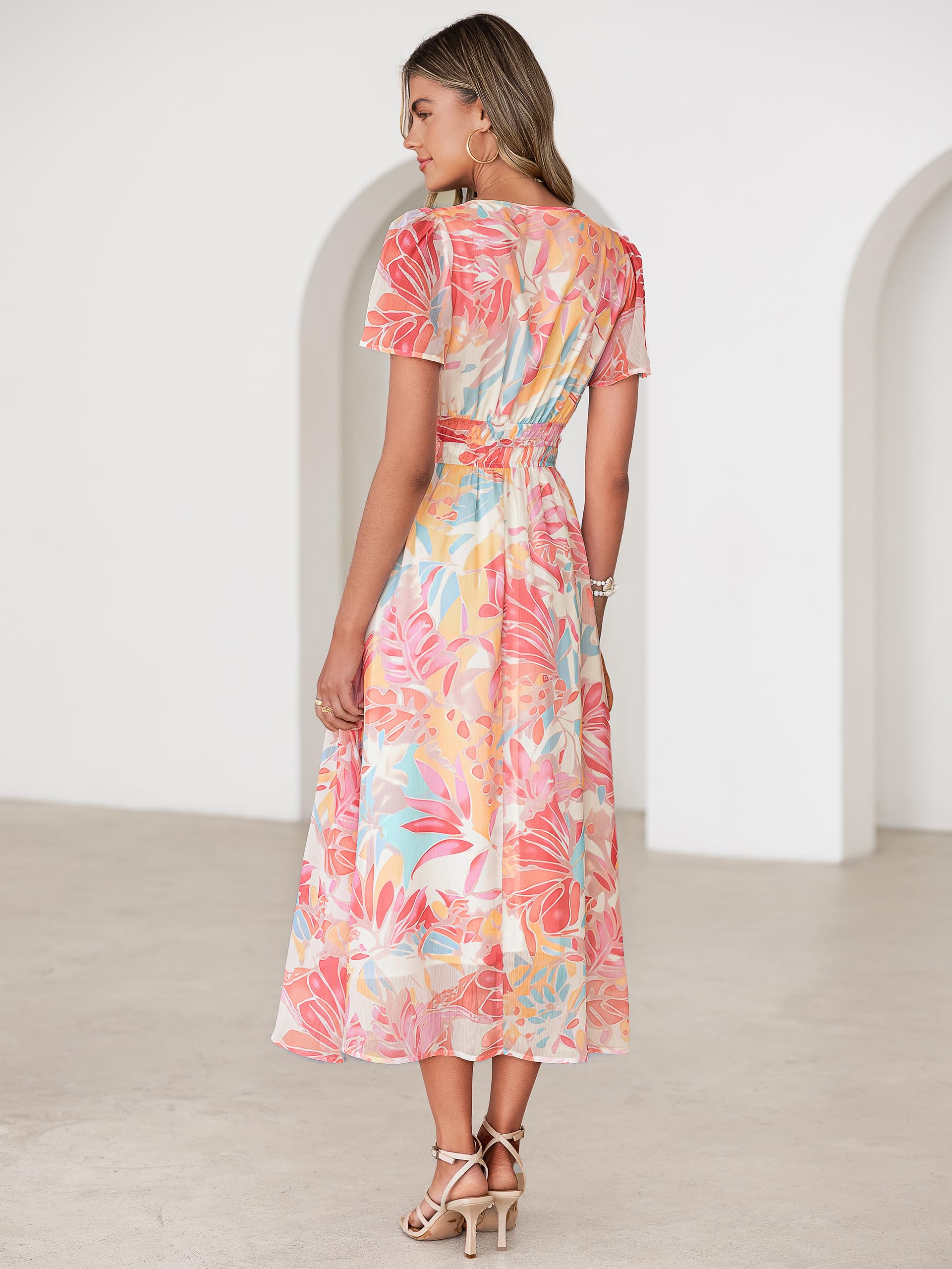 Simplee Women Floral Summer Maxi Dress Boho Flowy Casual Chiffon Short Sleeves V Neck Long Wedding Guest Dresses Red Yellow Floral M
