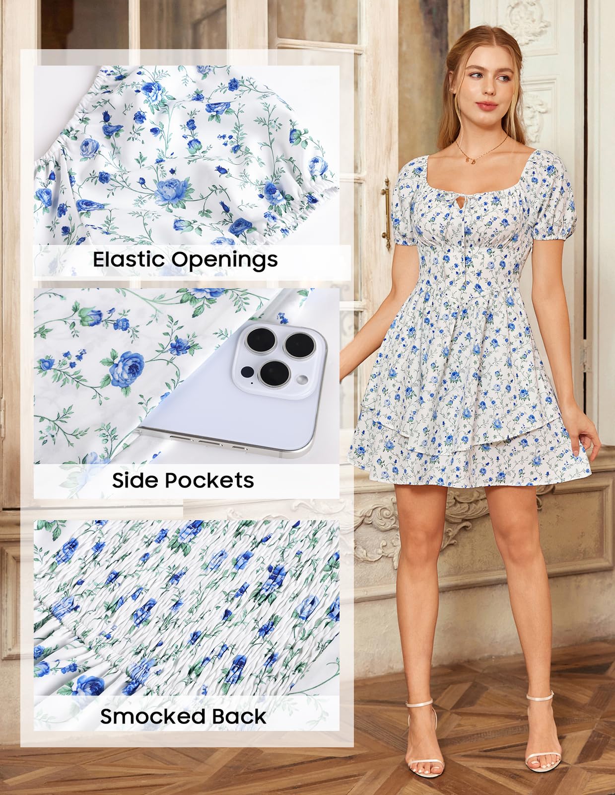 Scarlet Darkness Floral Corset Dress Summer Dresses for Women Girls 2026 Short Milkmaid Sundress with Pocket Blue and White Floral L