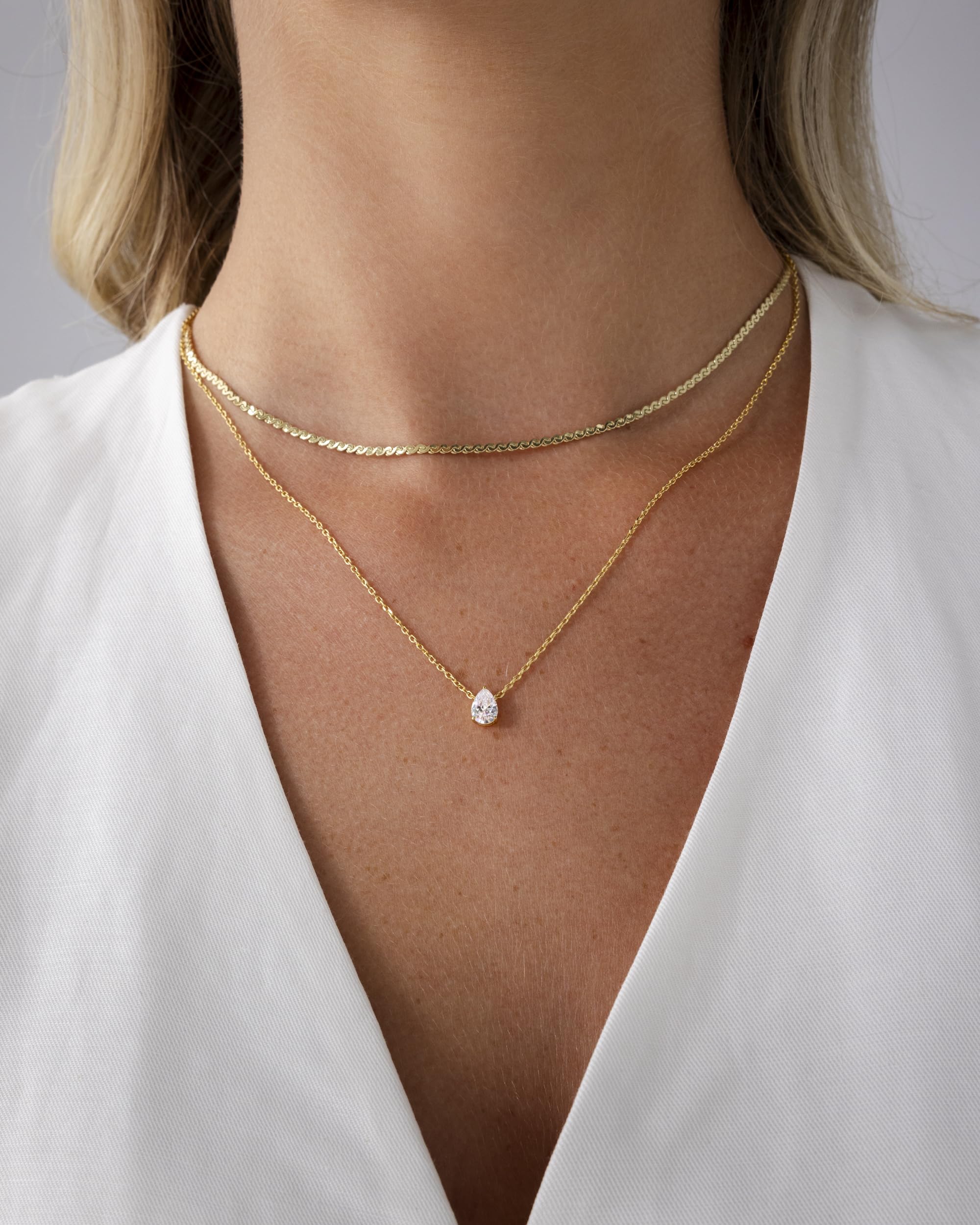 PAVOI 14K Yellow Gold Plated Serpentine Chain Choker with Solitaire Pear-Cut Stone Pendant Layering Necklace Pack for Women | Cubic Zirconia Statement Layered Necklace Set