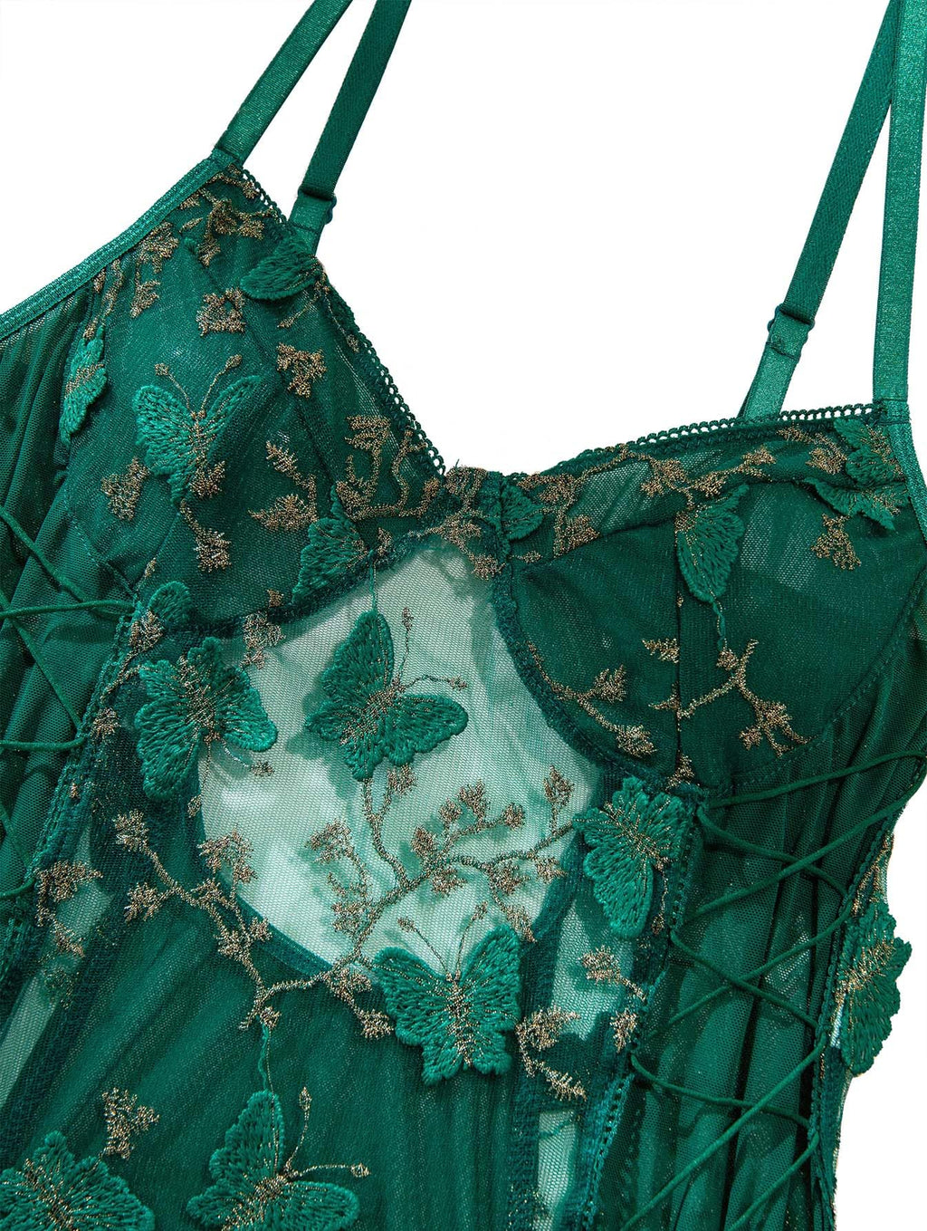 Lilosy Women Sexy Lace Up Floral Embroidered Teddy Babydoll Lingerie Bodysuit Top Mesh Sheer One Piece See Through Butterfly Army Green Medium