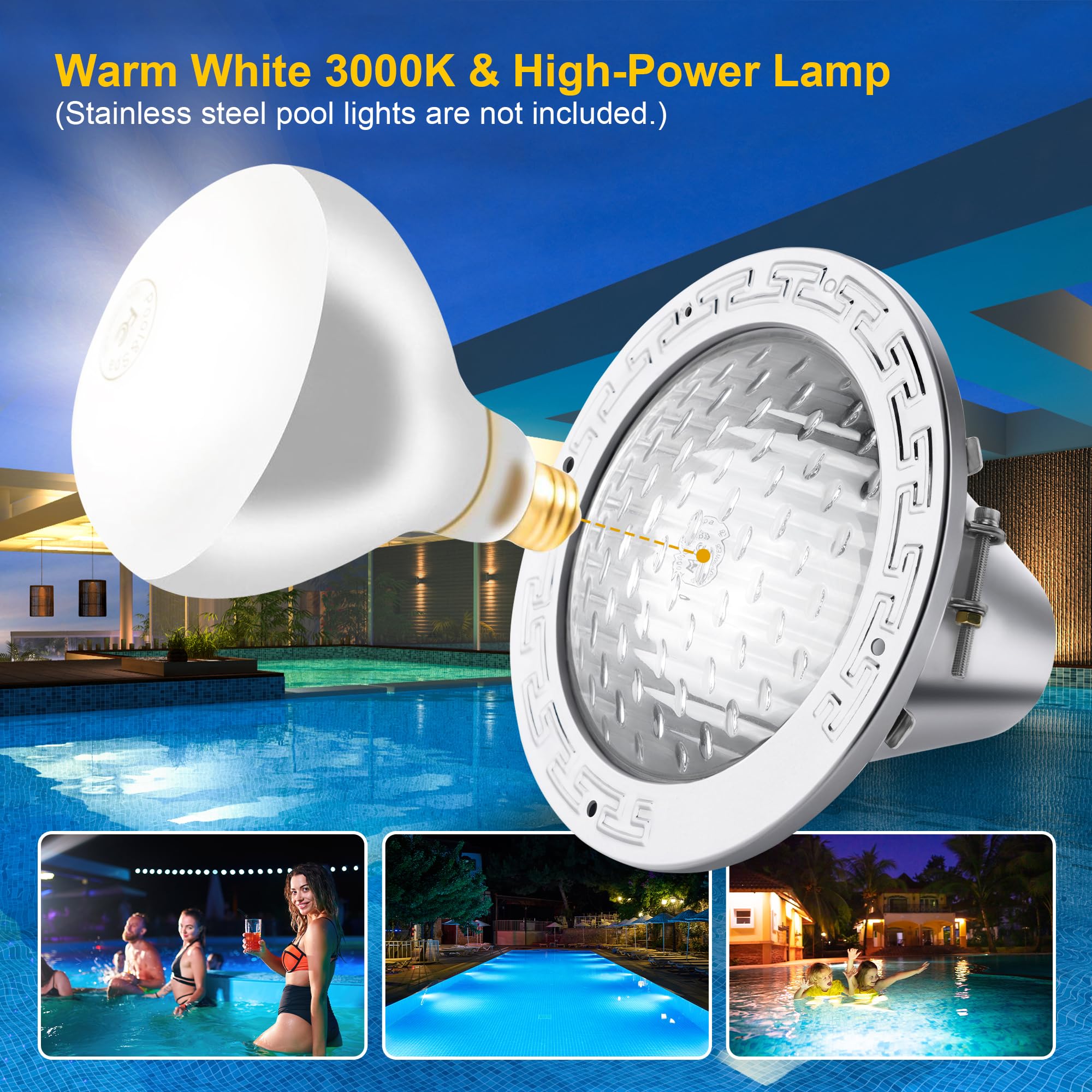 Zenhagu 500W R40 120V Pool Lights Bulb for Inground Pool & Spa – 3000K Warm White, E26 Base, High-Power, Compatible with Pentair & Hayward Fixtures, 3,000-Hour Lifespan (2 Pack)